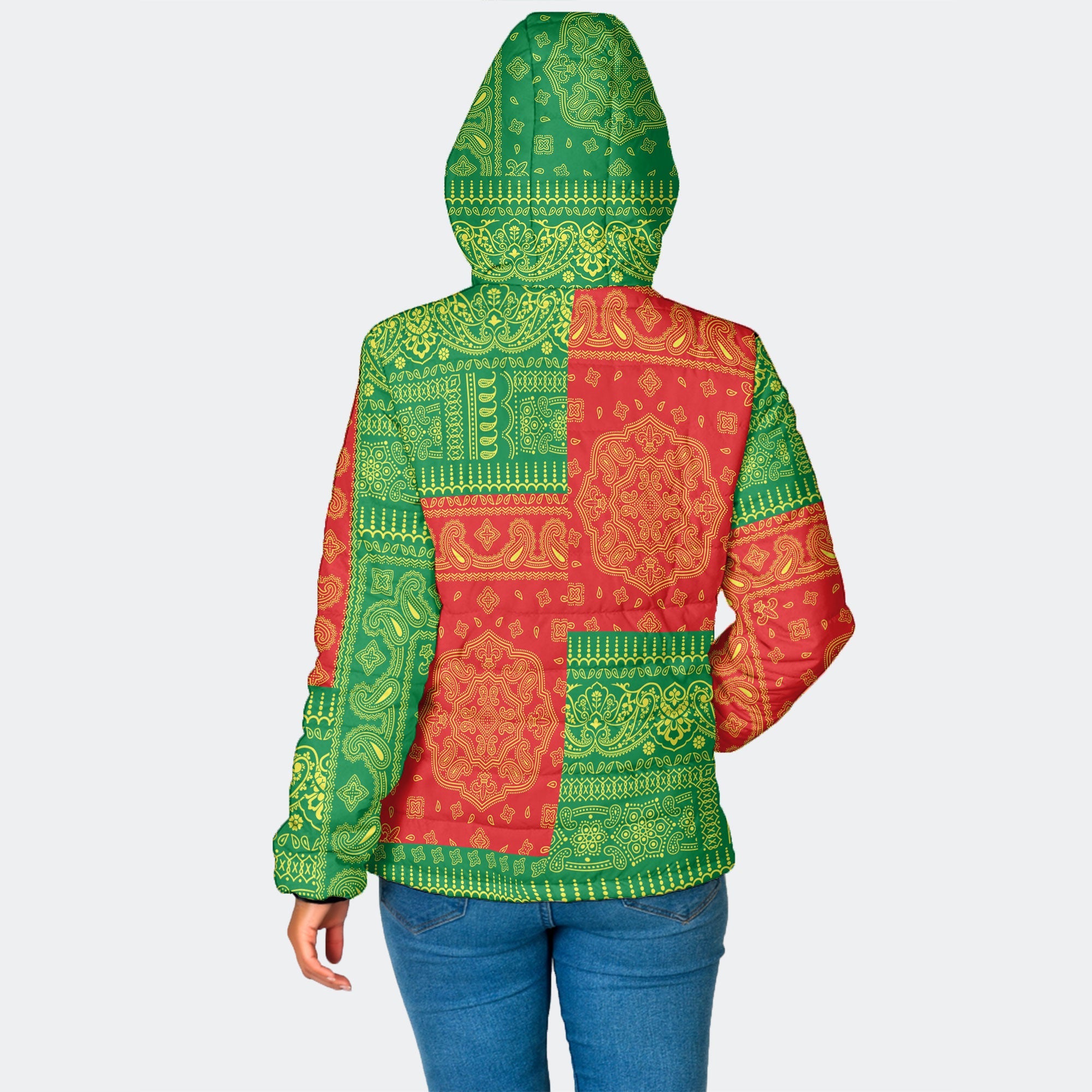 Senegal Women Hooded Padded Jacket Flag And Paisley Basic Style 2