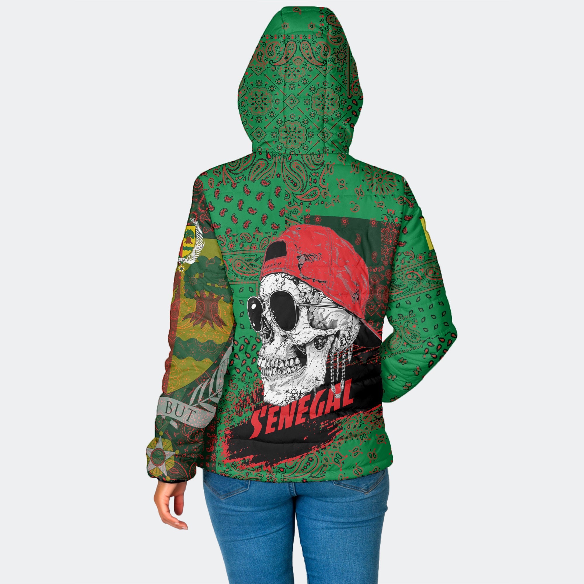 Senegal Women Hooded Padded Jacket Paisley Flag And Skull Style 2