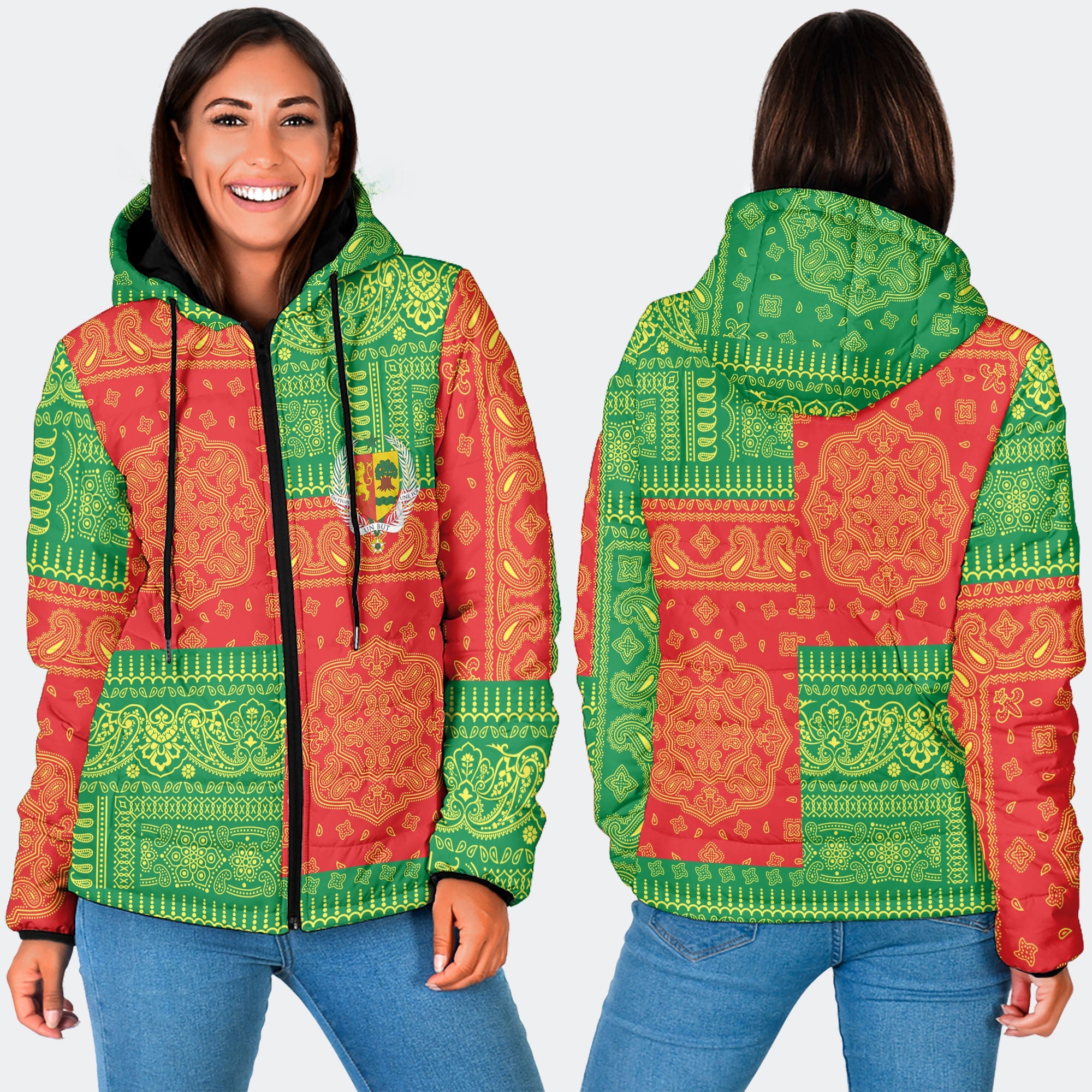 Senegal Women Hooded Padded Jacket Flag And Paisley Basic Style 3