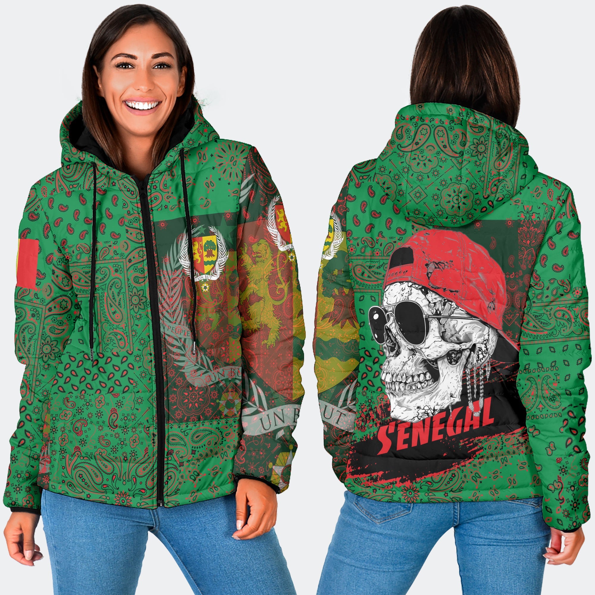 Senegal Women Hooded Padded Jacket Paisley Flag And Skull Style 3