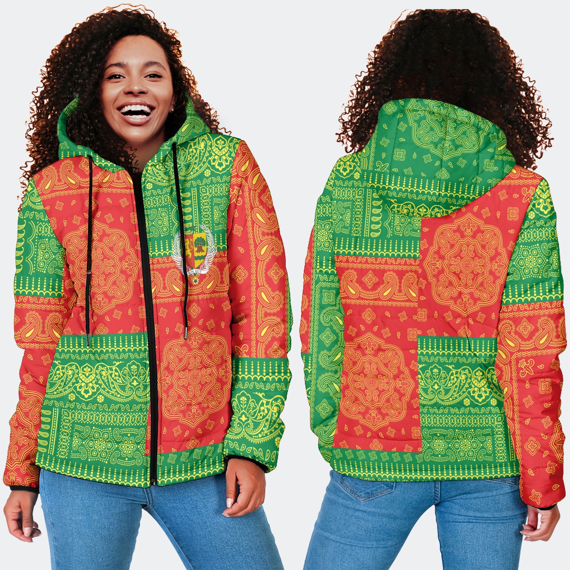 Senegal Women Hooded Padded Jacket Flag And Paisley Basic Style 4