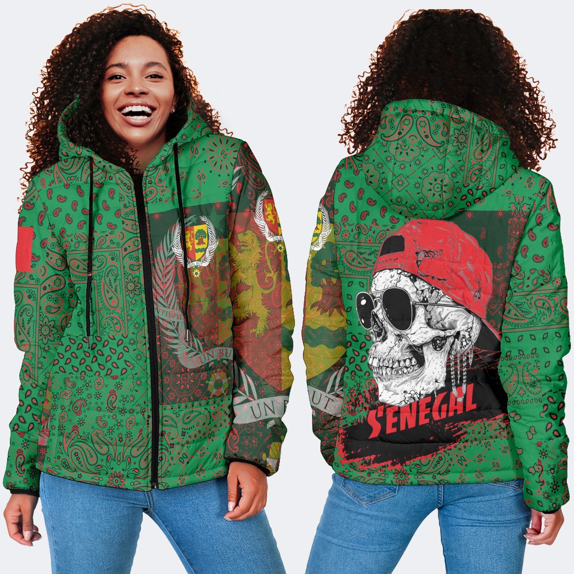 Senegal Women Hooded Padded Jacket Paisley Flag And Skull Style 4