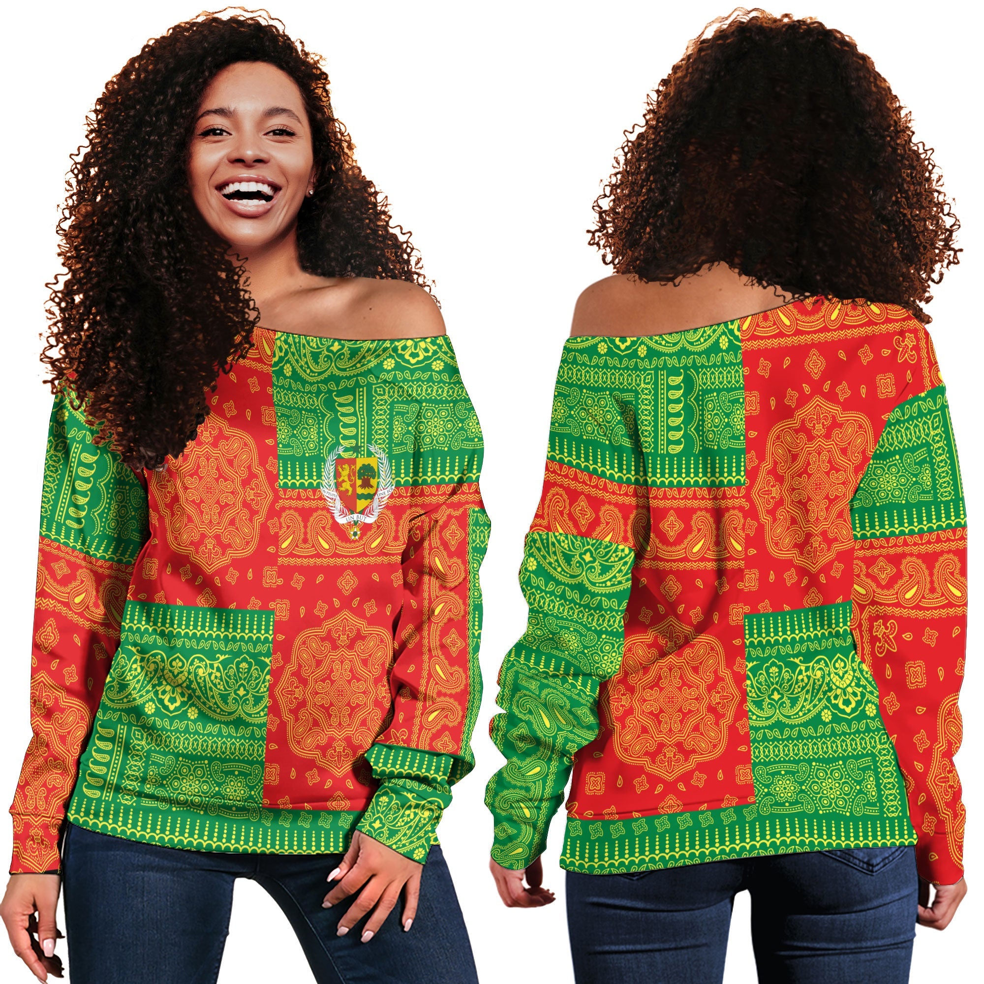 Senegal Women Off Shoulder Sweatshirt Flag And Paisley Basic Style 1