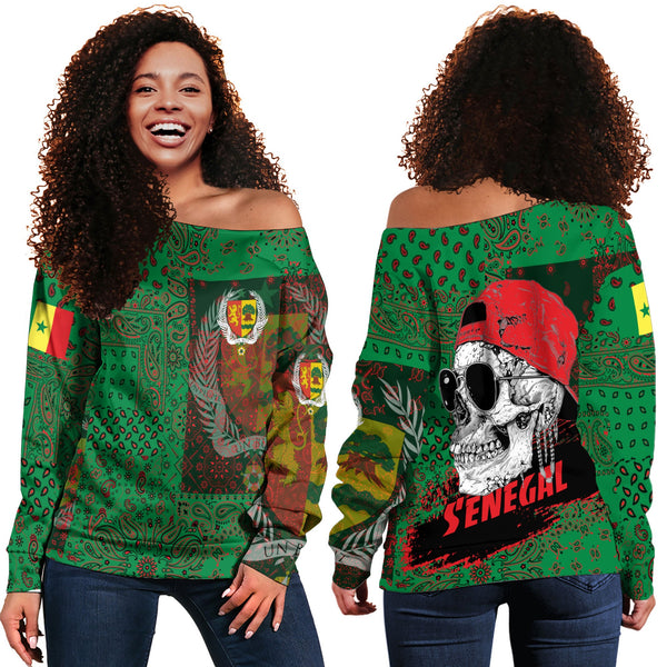 Senegal Women Off Shoulder Sweatshirt Paisley Flag And Skull Style 1