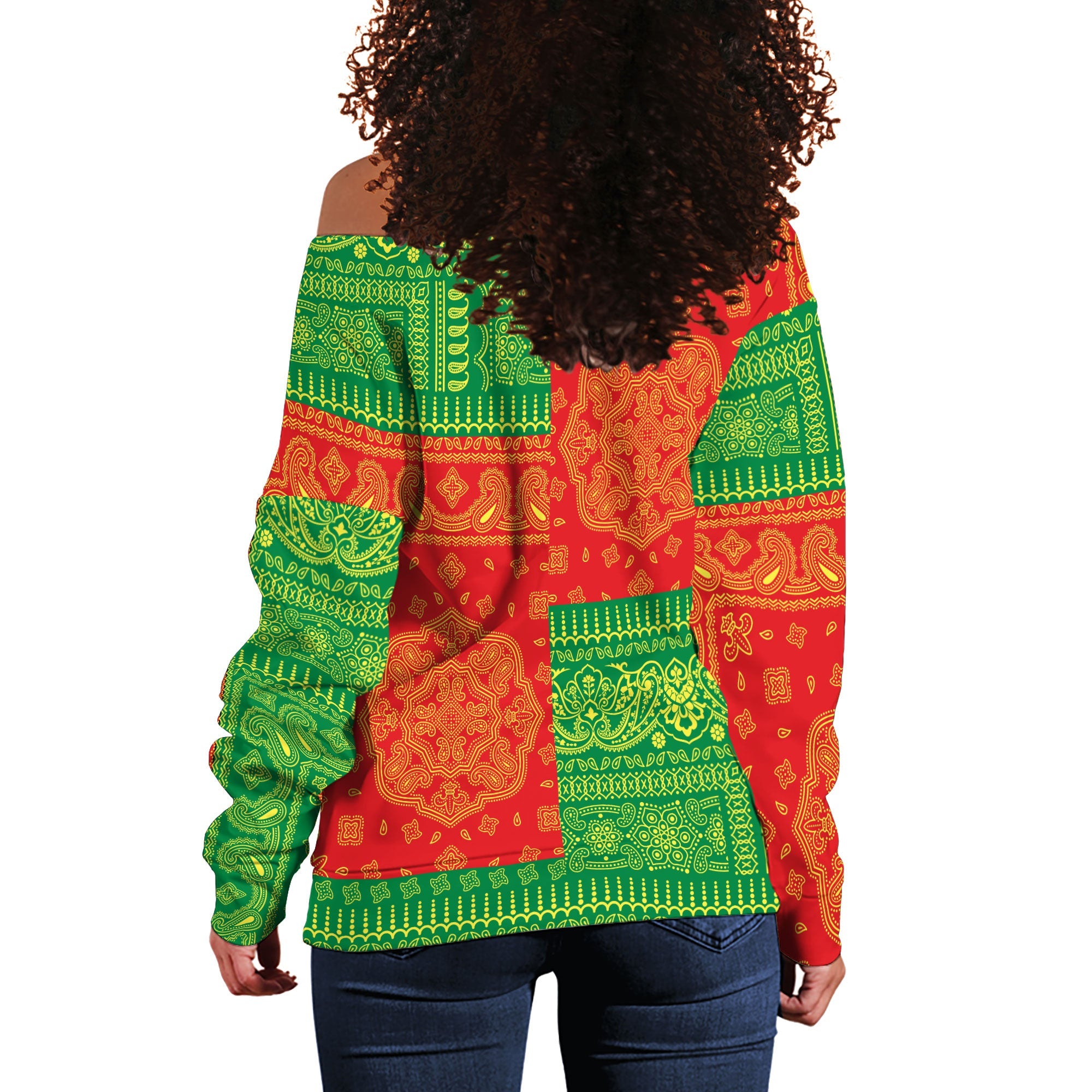 Senegal Women Off Shoulder Sweatshirt Flag And Paisley Basic Style 3