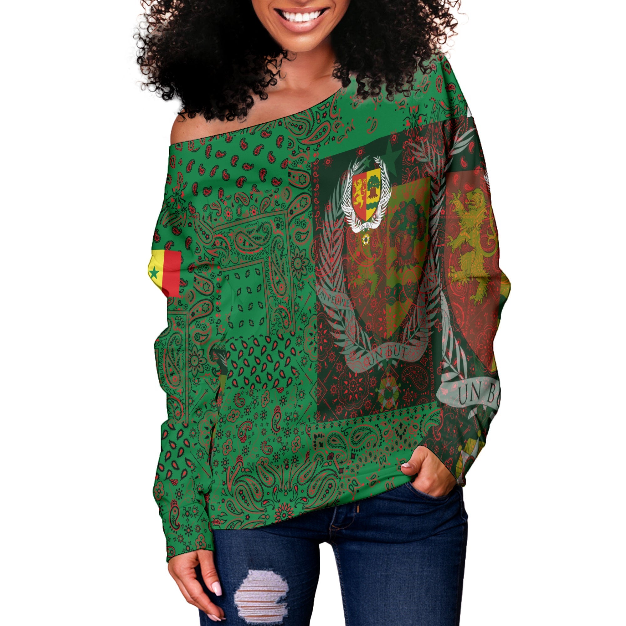 Senegal Women Off Shoulder Sweatshirt Paisley Flag And Skull Style 2