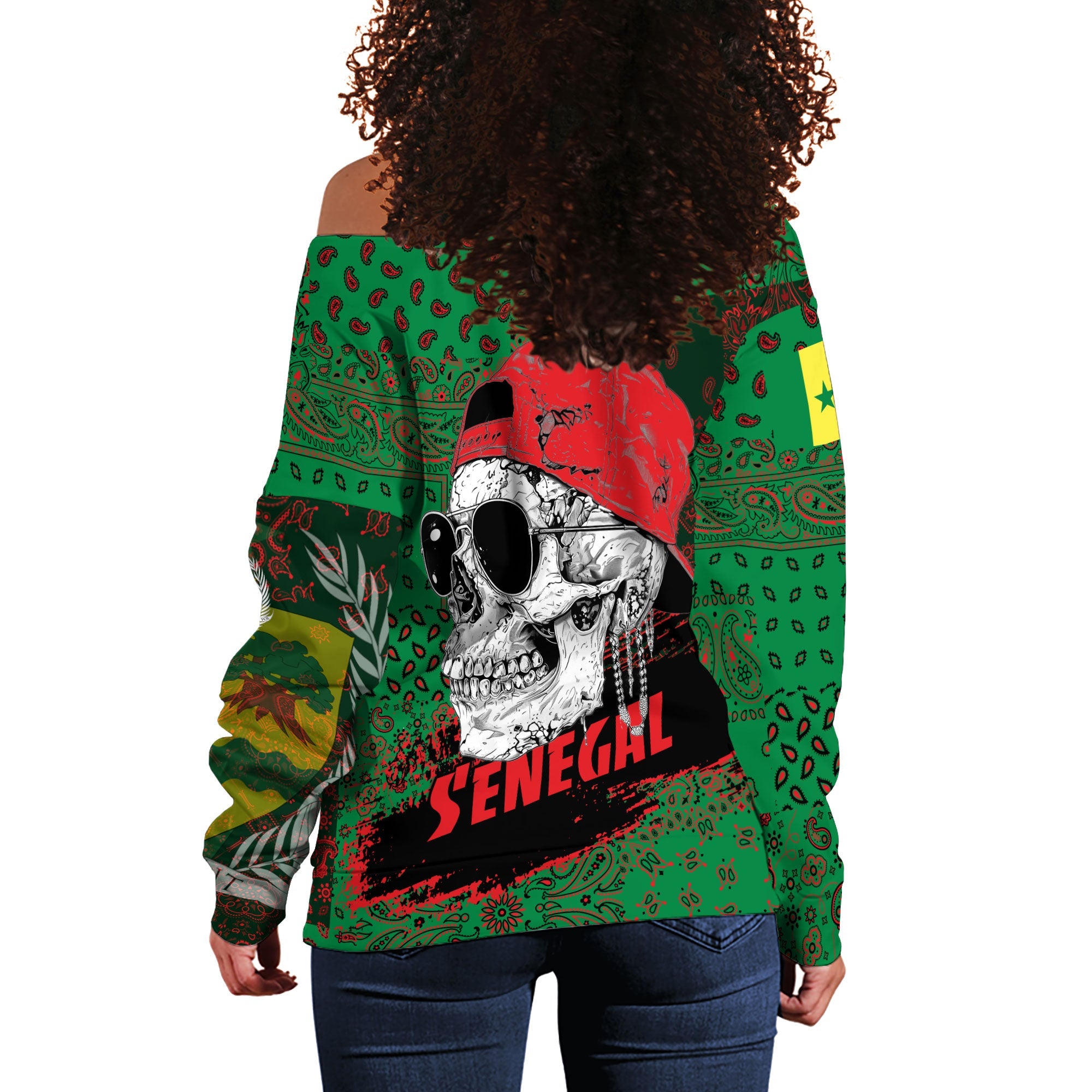 Senegal Women Off Shoulder Sweatshirt Paisley Flag And Skull Style 3