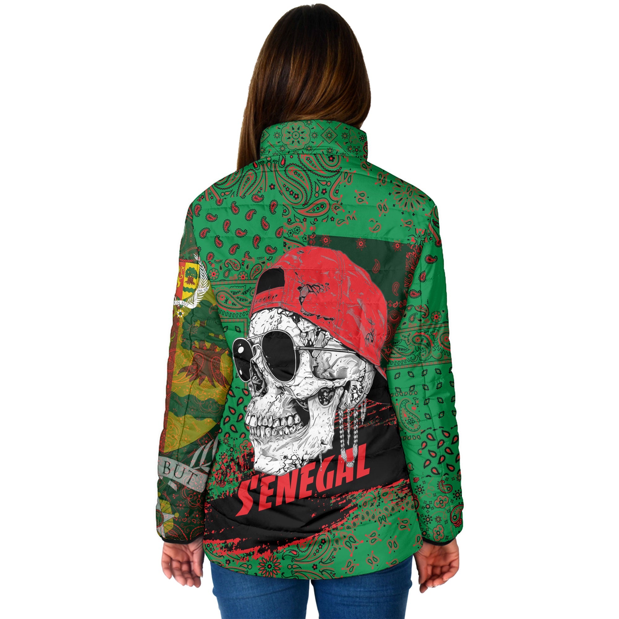 Senegal Women Padded Jacket Paisley Flag And Skull Style 2