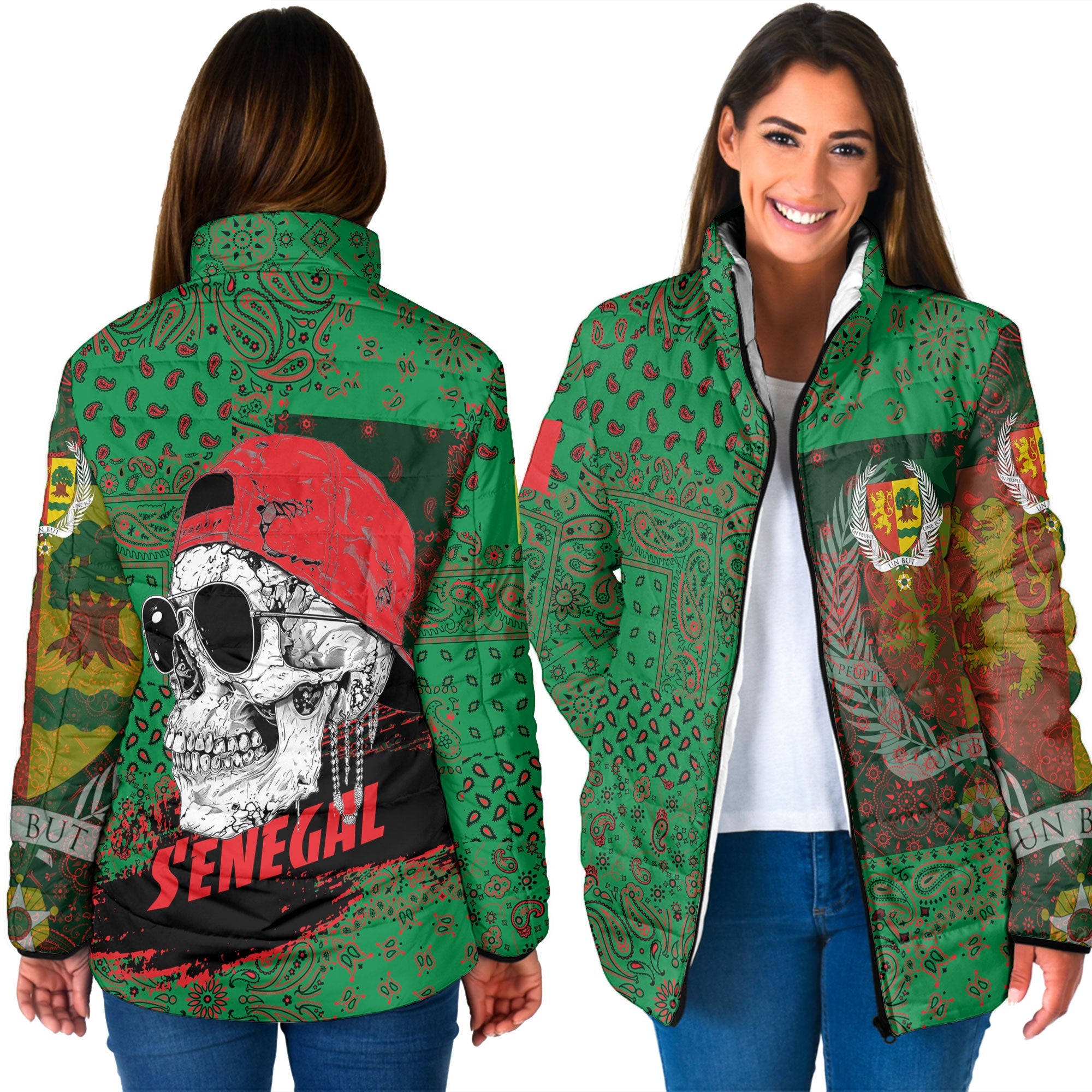 Senegal Women Padded Jacket Paisley Flag And Skull Style 3