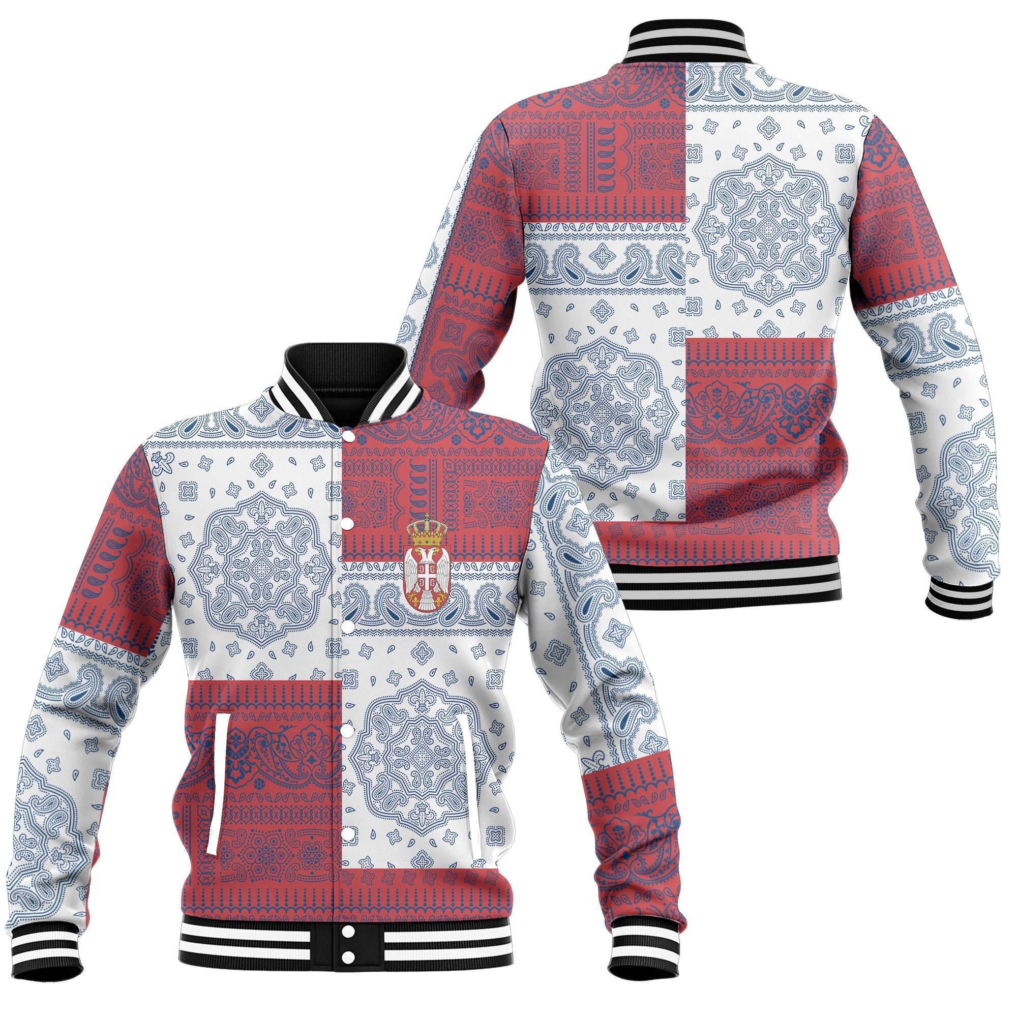 Serbia Baseball Jacket Flag And Paisley Basic Style 1