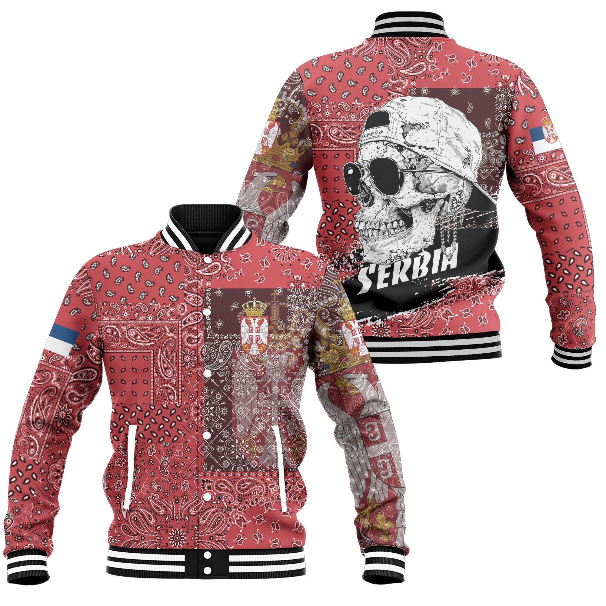 Serbia Baseball Jacket Paisley Flag And Skull Style 1