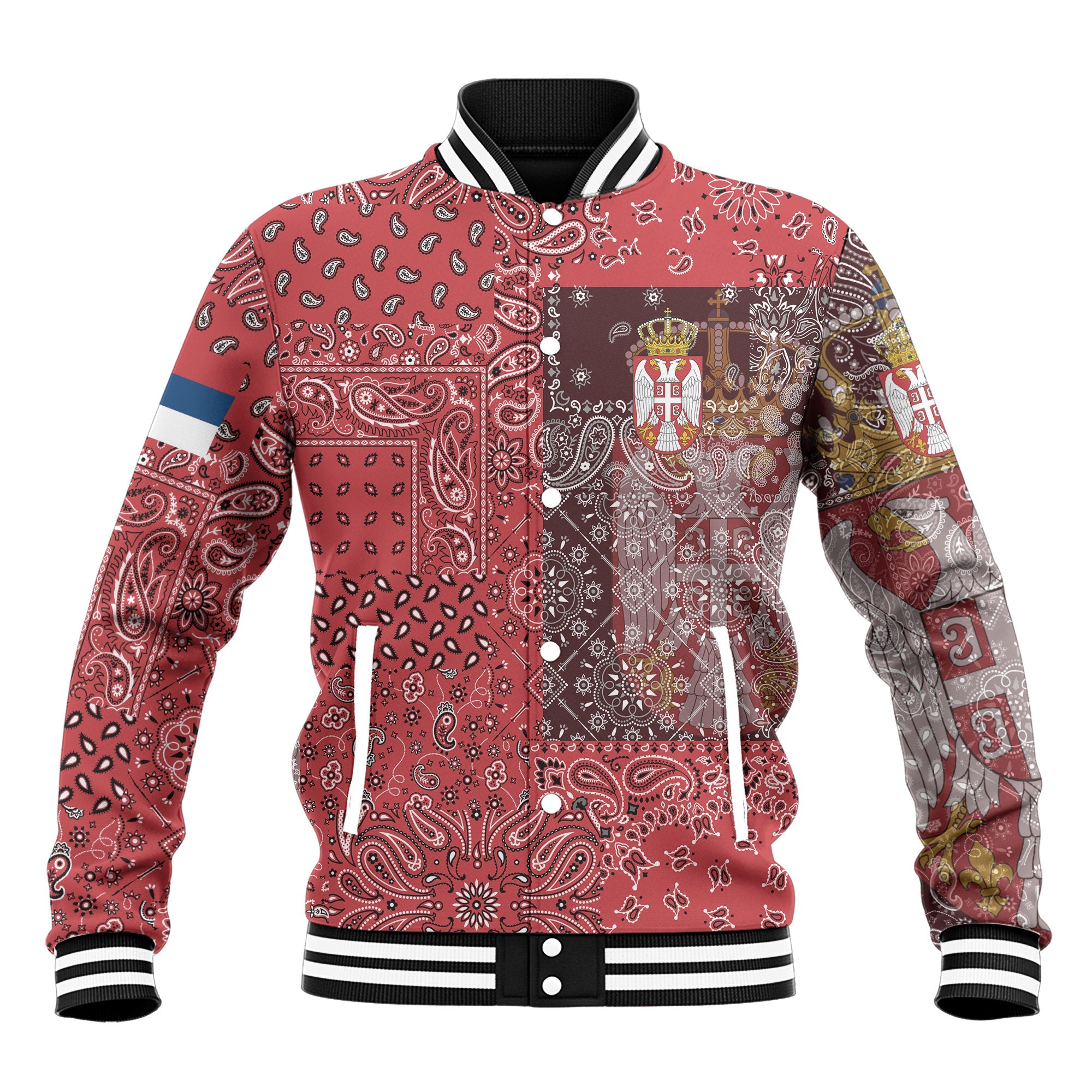 Serbia Baseball Jacket Paisley Flag And Skull Style 2