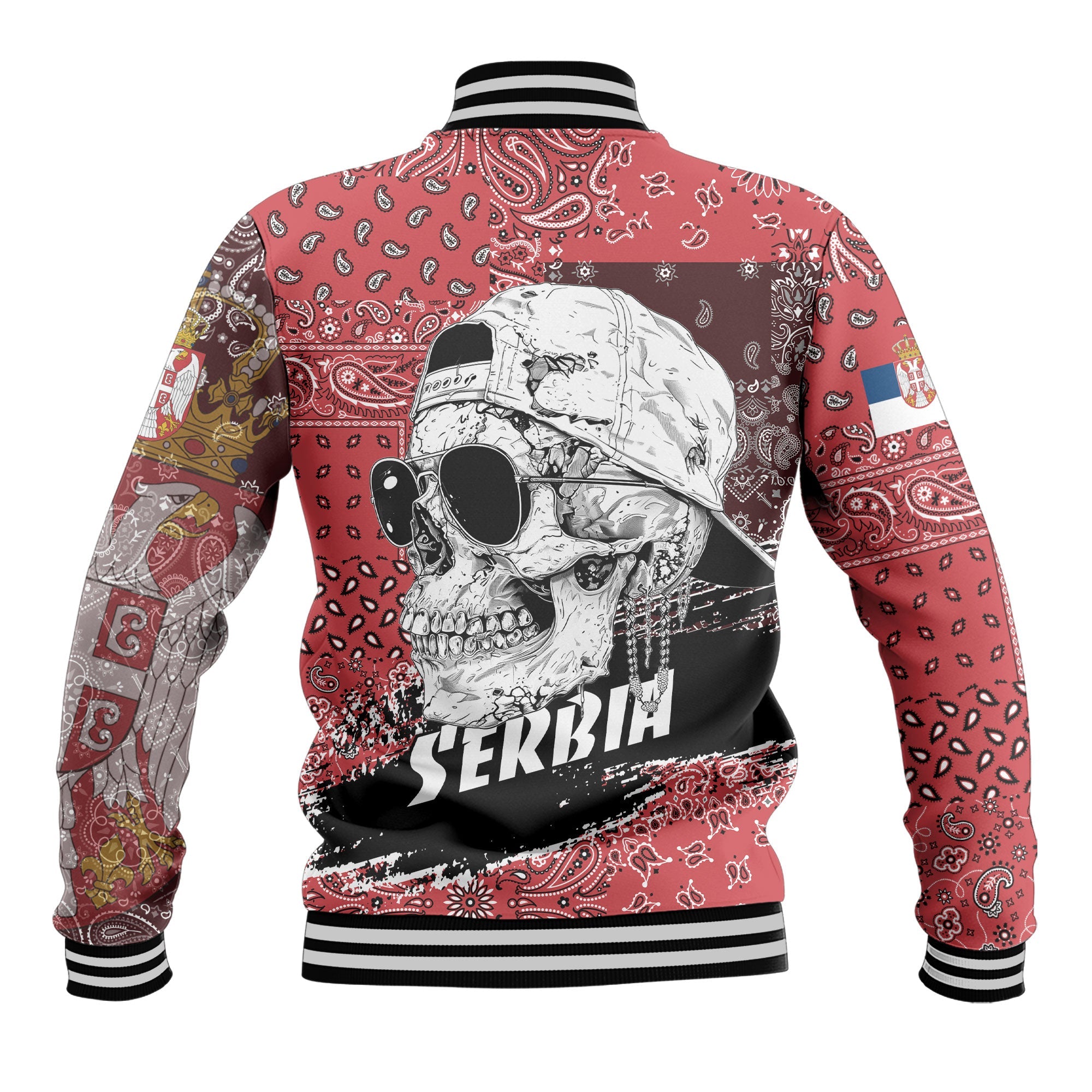 Serbia Baseball Jacket Paisley Flag And Skull Style 3