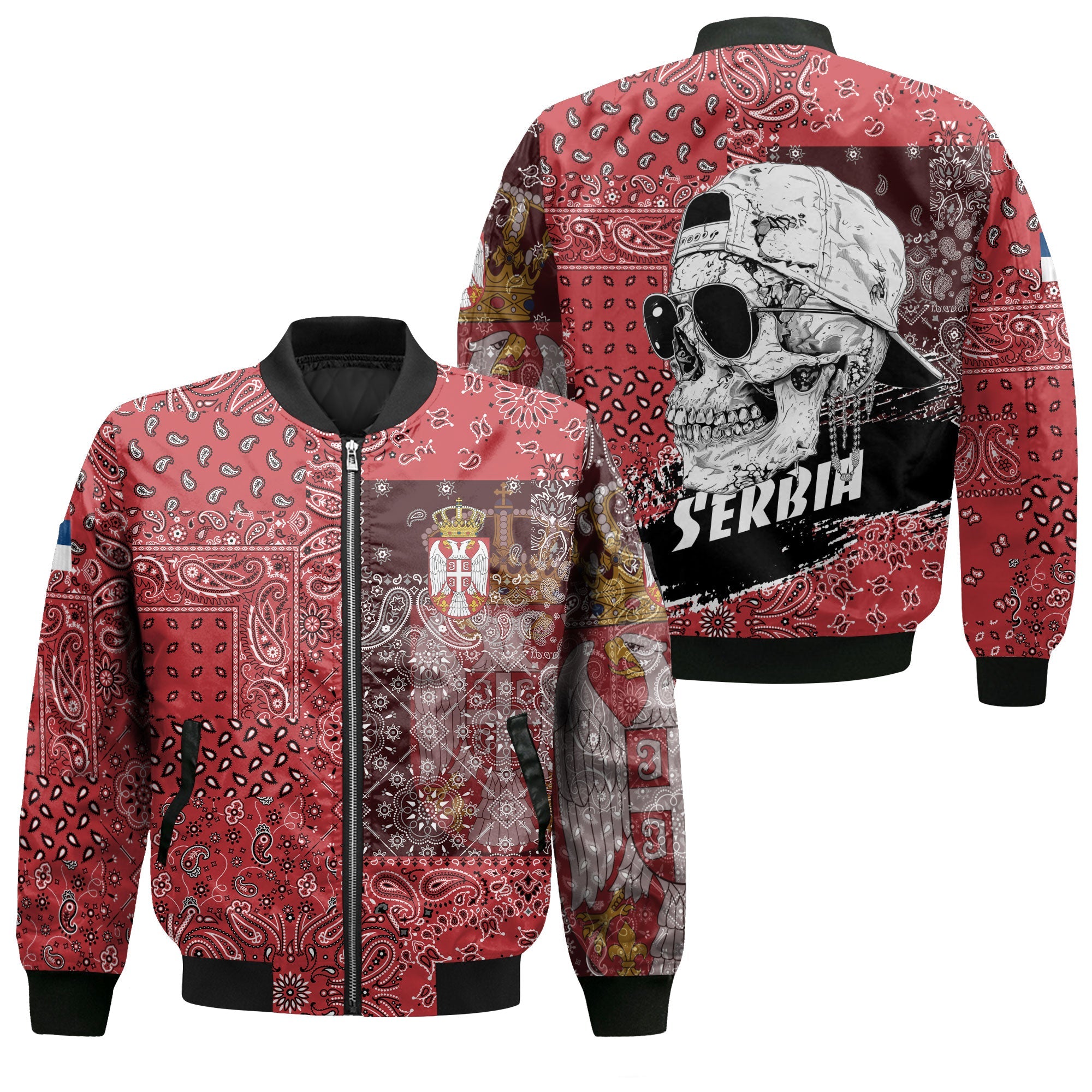 Serbia Bomber Jacket Paisley Flag And Skull Style 1