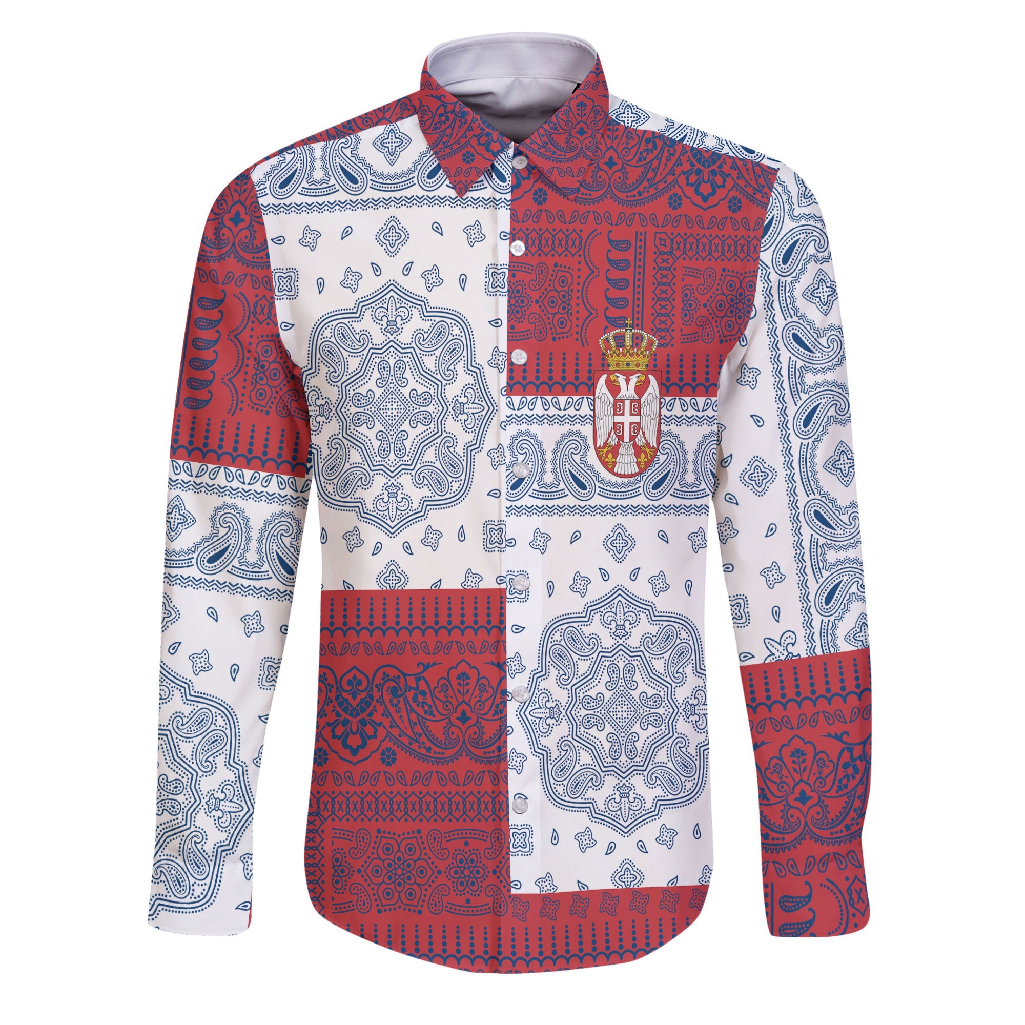 Serbia Long Sleeve Button Shirt Flag And Paisley Basic Style 1