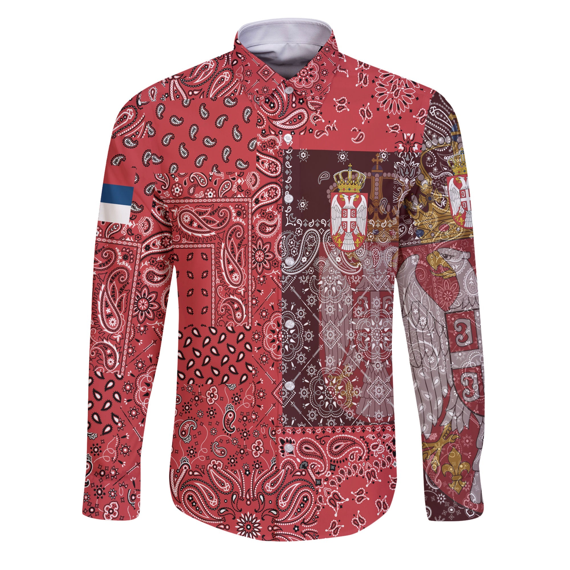 Serbia Long Sleeve Button Shirt Paisley Flag And Skull Style 1