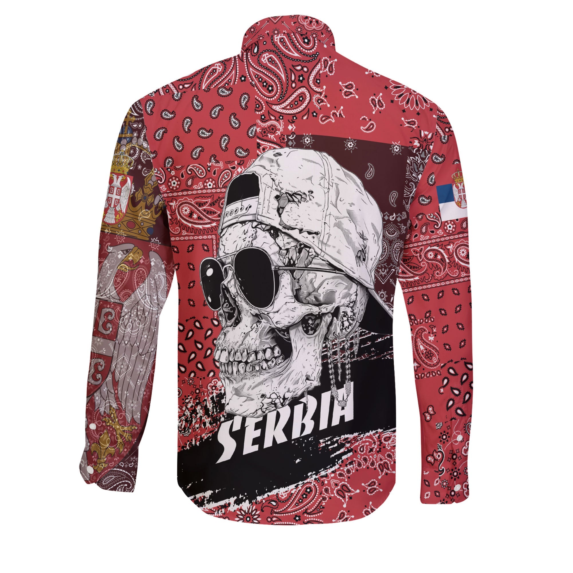 Serbia Long Sleeve Button Shirt Paisley Flag And Skull Style 2