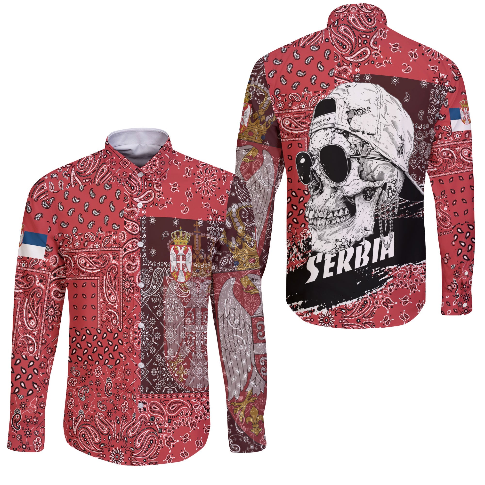 Serbia Long Sleeve Button Shirt Paisley Flag And Skull Style 3