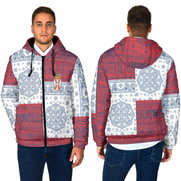 Serbia Men Hooded Padded Jacket Flag And Paisley Basic Style 1