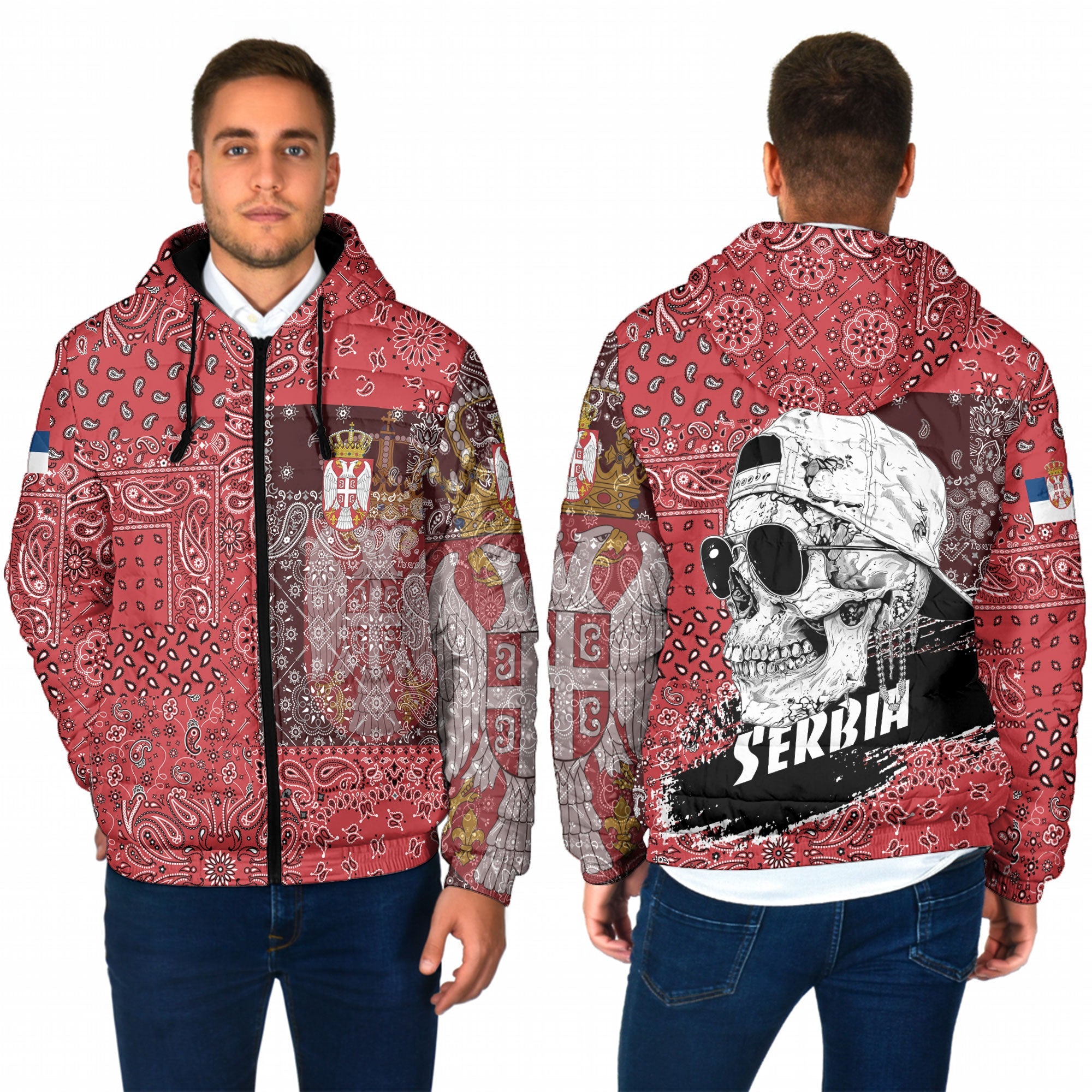 Serbia Men Hooded Padded Jacket Paisley Flag And Skull Style 1