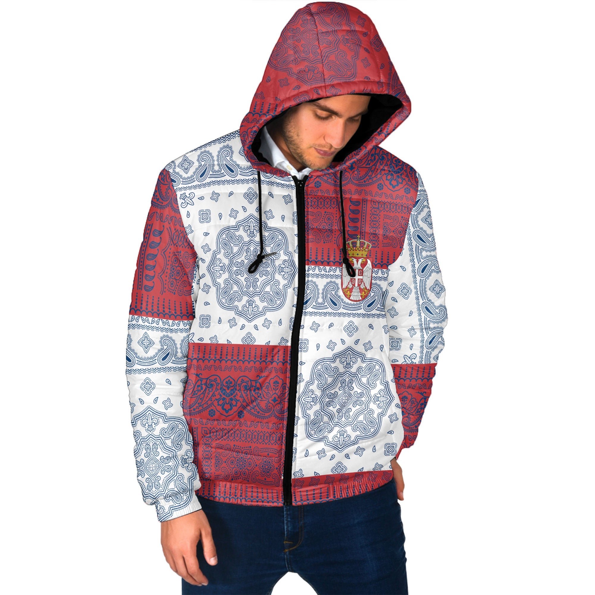 Serbia Men Hooded Padded Jacket Flag And Paisley Basic Style 2