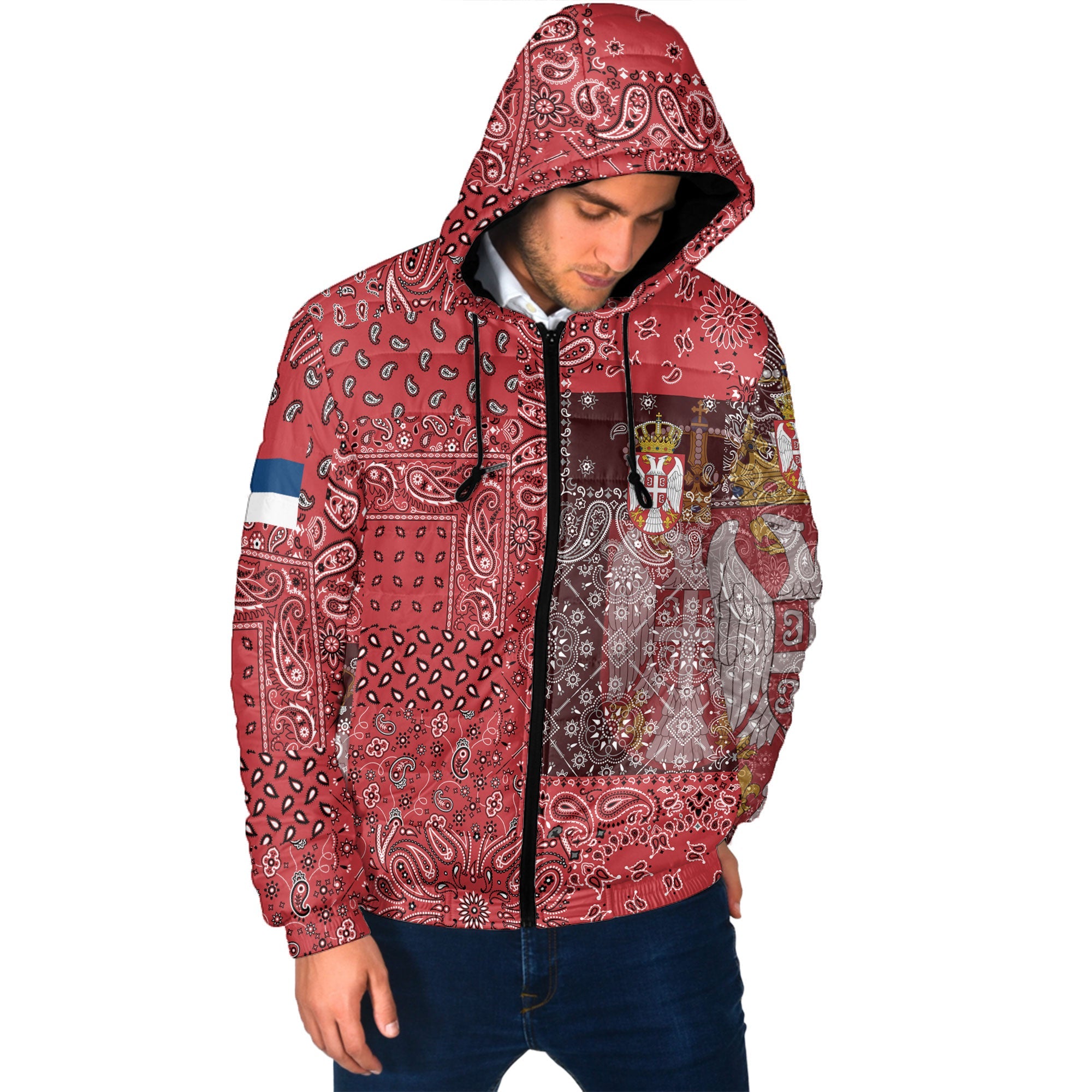 Serbia Men Hooded Padded Jacket Paisley Flag And Skull Style 2