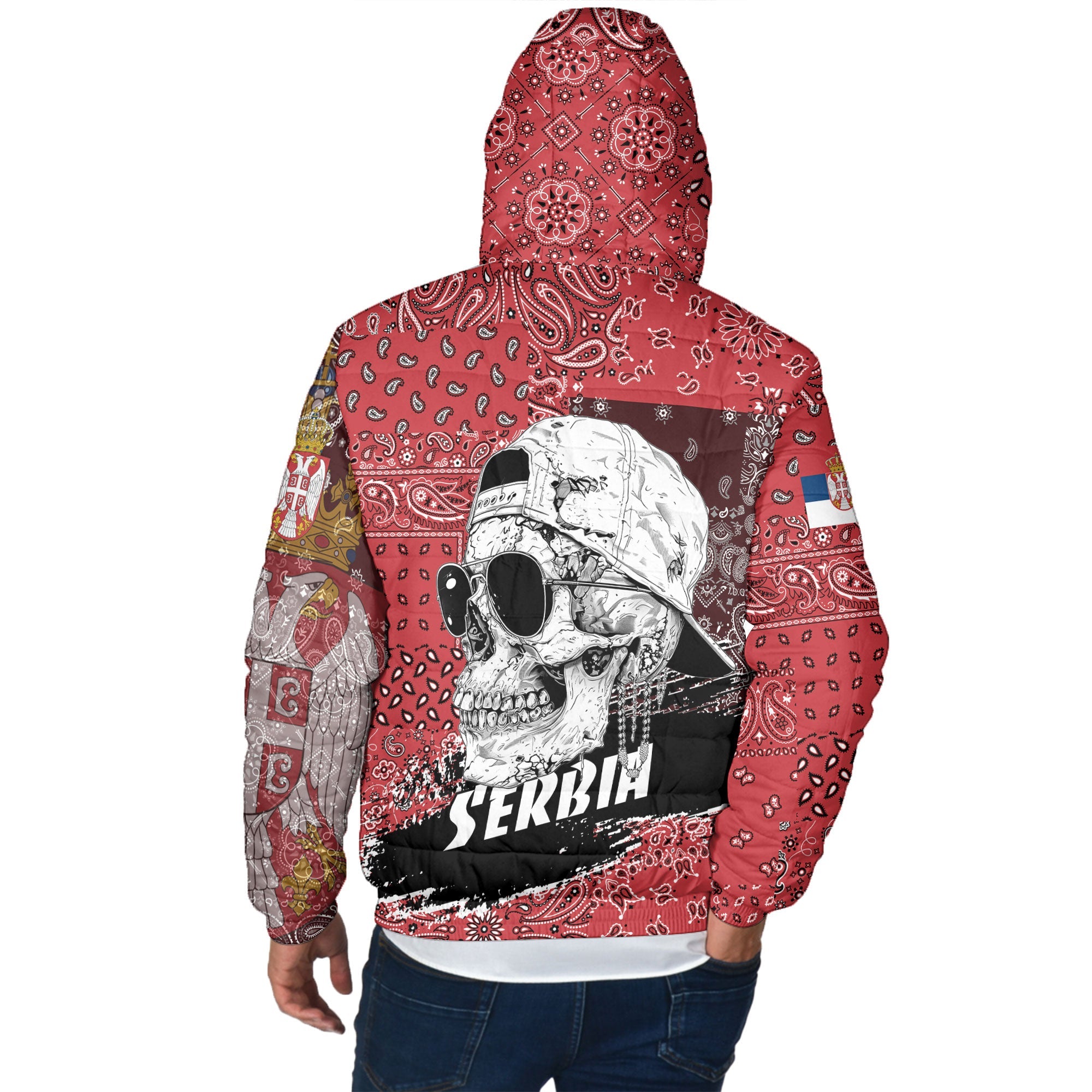 Serbia Men Hooded Padded Jacket Paisley Flag And Skull Style 3