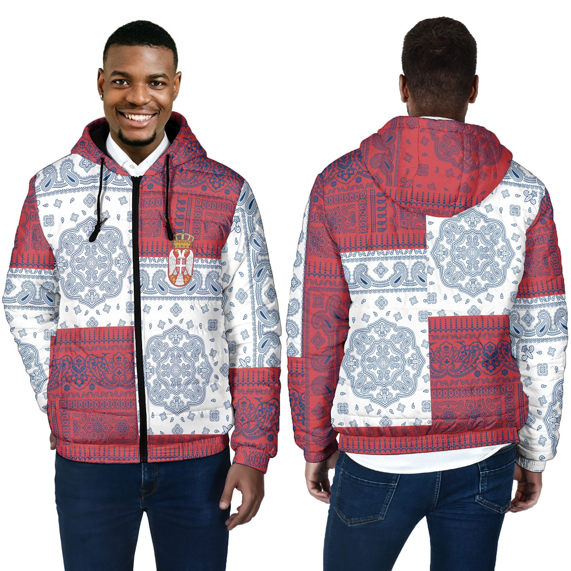 Serbia Men Hooded Padded Jacket Flag And Paisley Basic Style 4