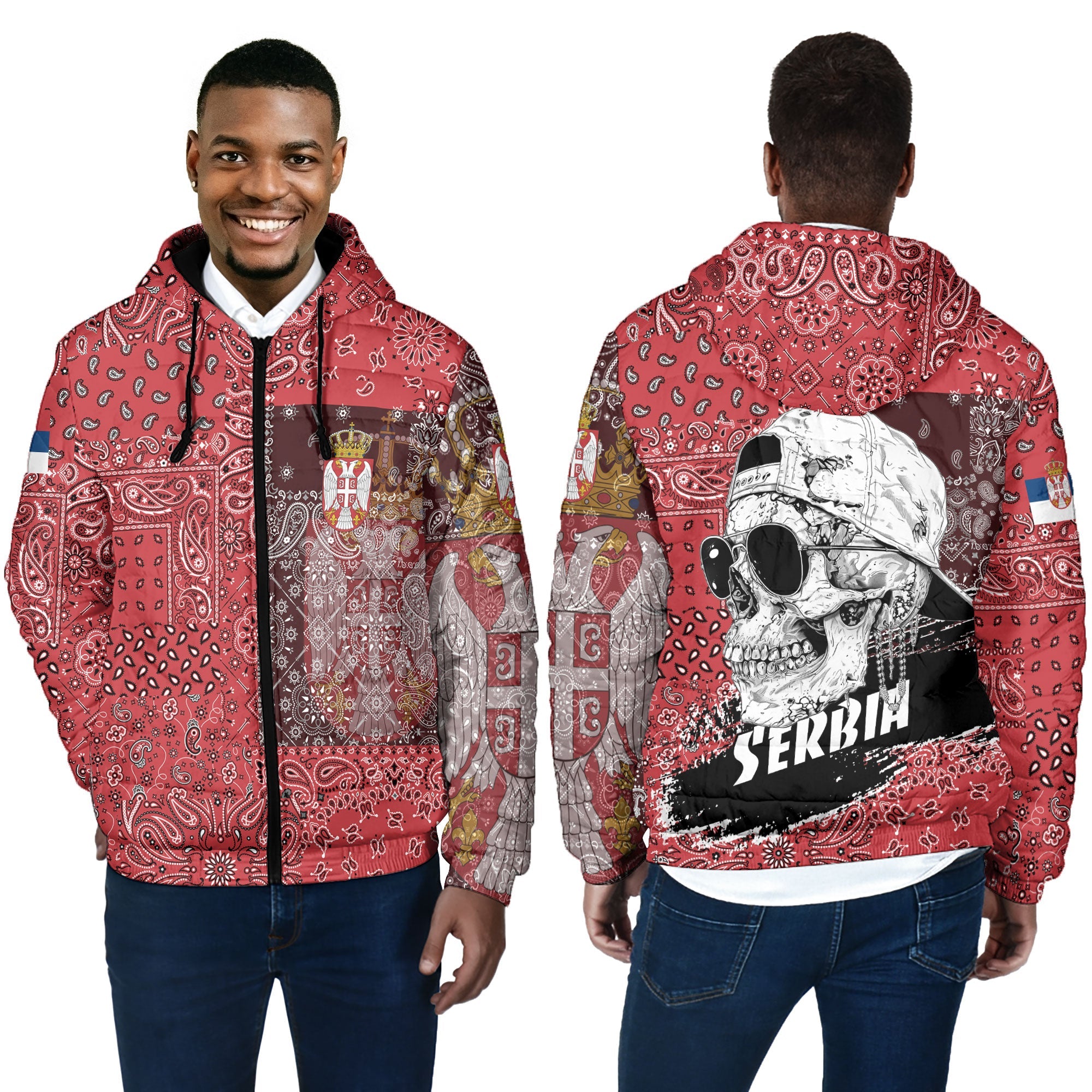 Serbia Men Hooded Padded Jacket Paisley Flag And Skull Style 4