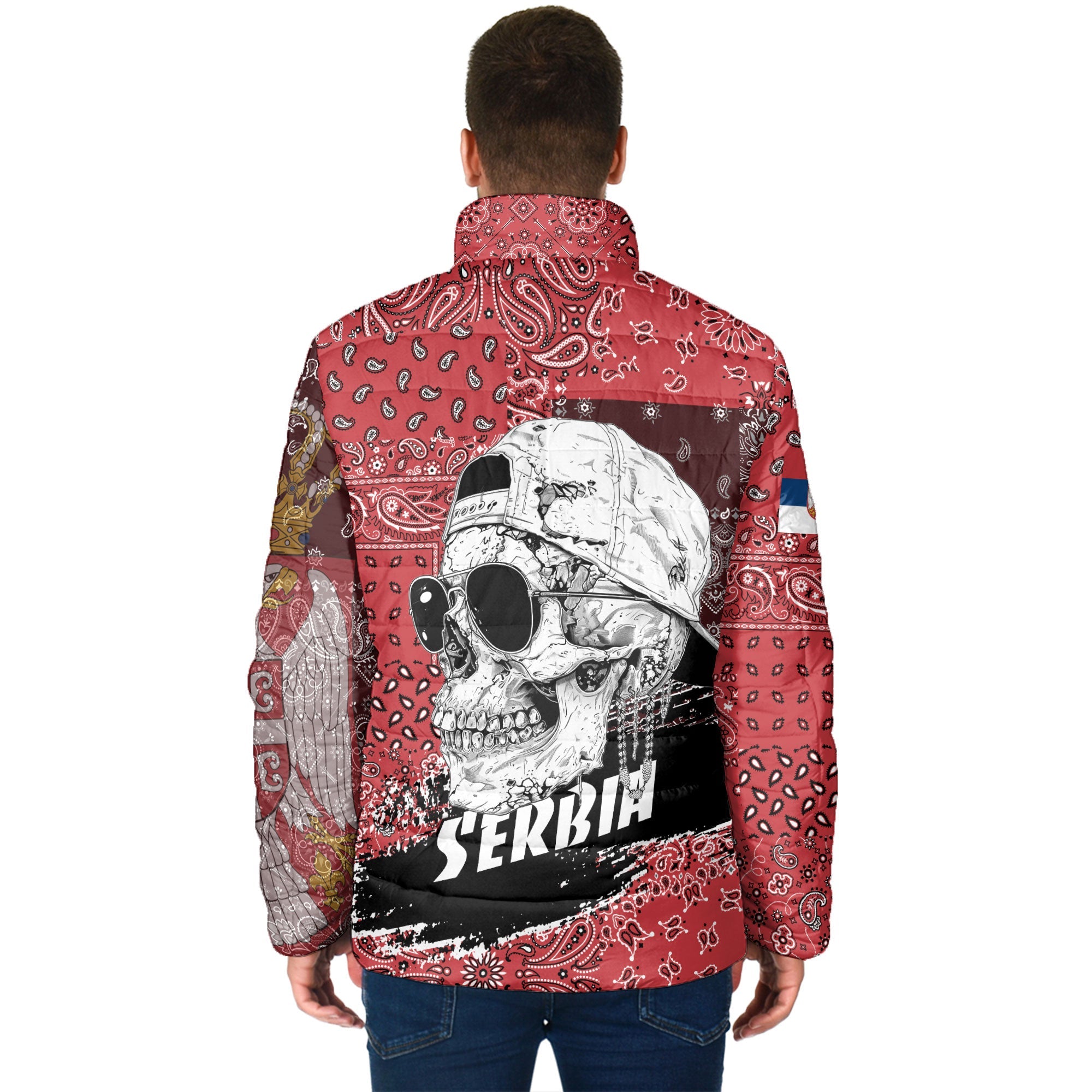 Serbia Men Padded Jacket Paisley Flag And Skull Style 2