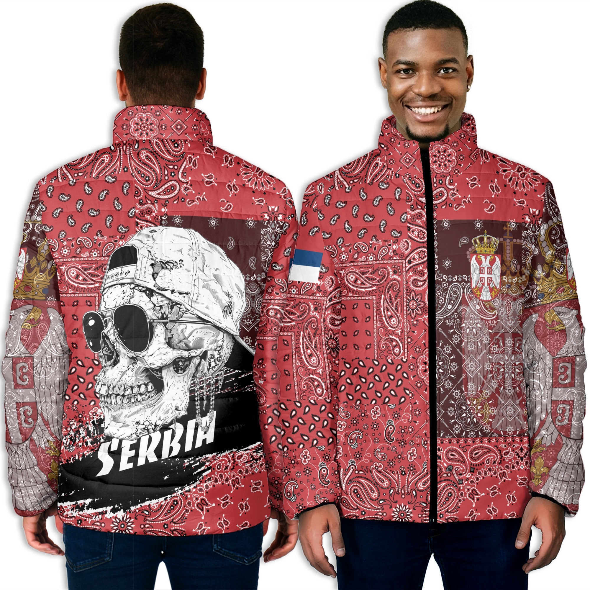 Serbia Men Padded Jacket Paisley Flag And Skull Style 3