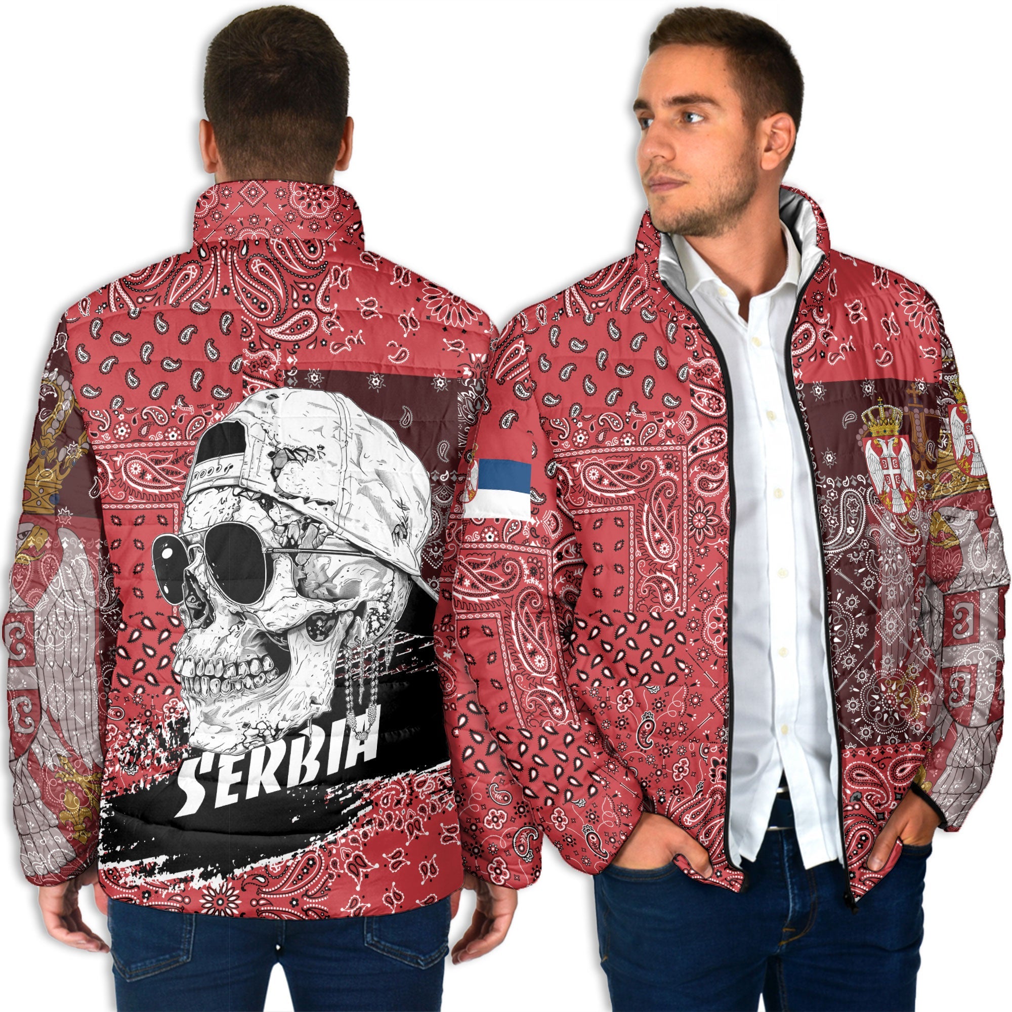 Serbia Men Padded Jacket Paisley Flag And Skull Style 4