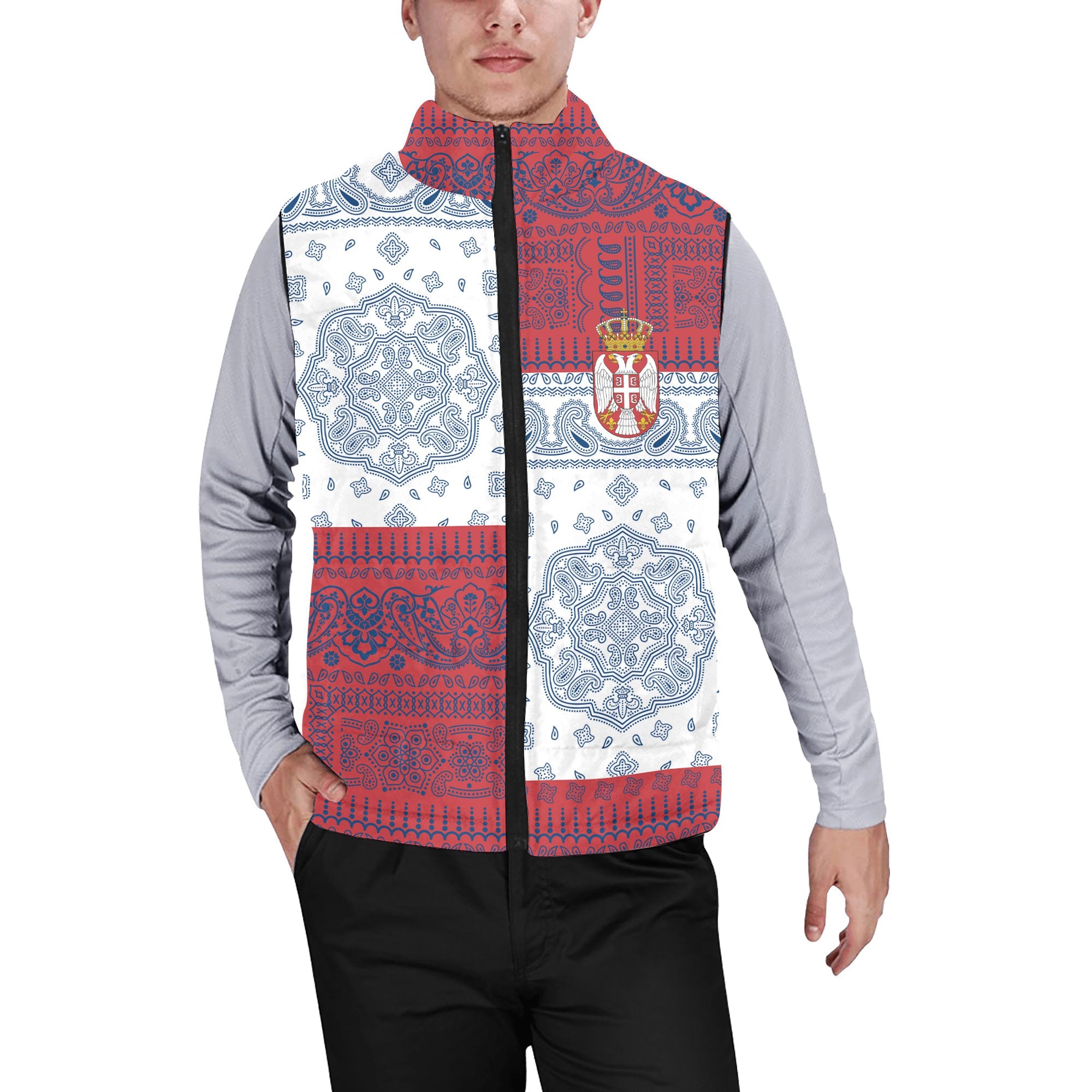 Serbia Men Padded Jacket Vest Flag And Paisley Basic Style 1