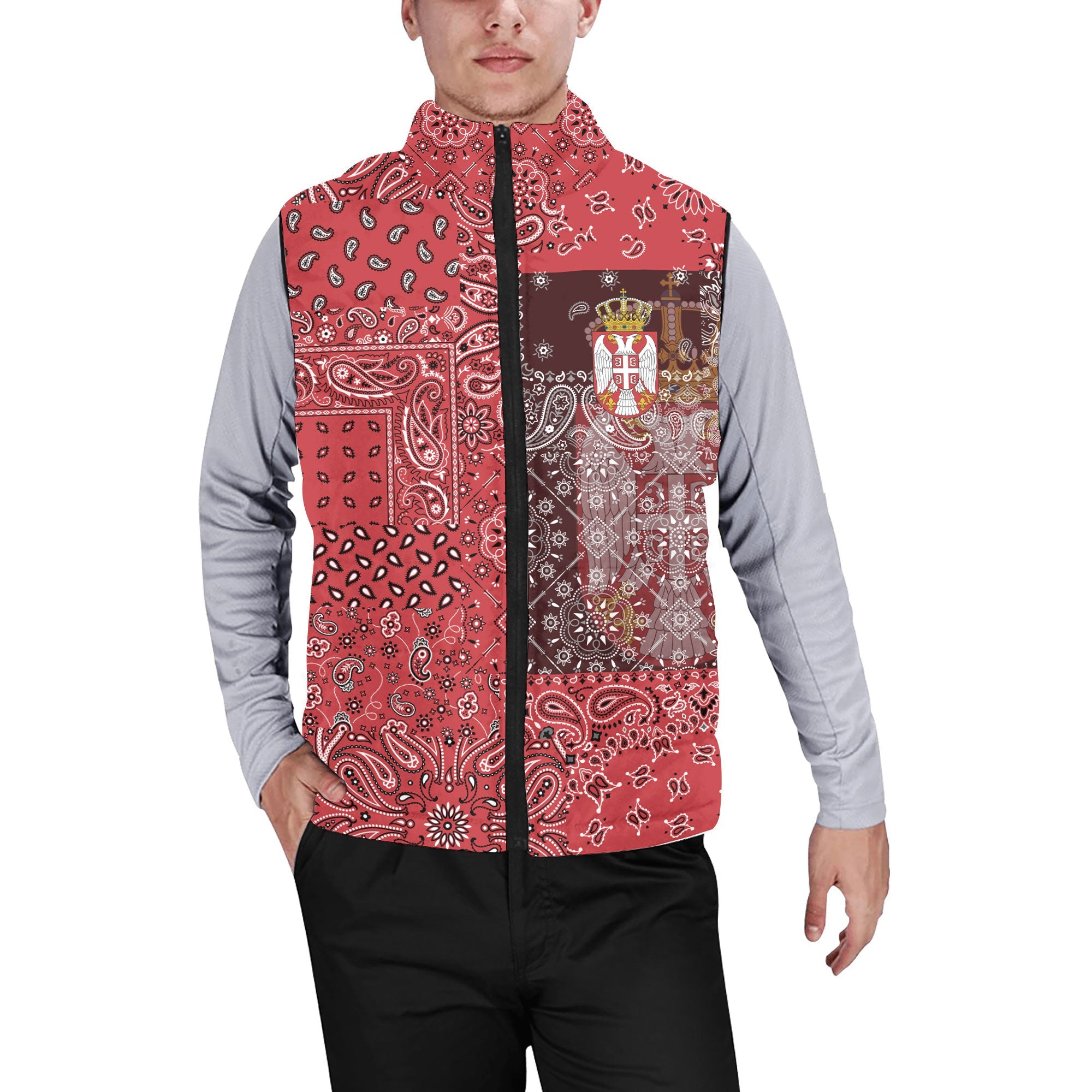 Serbia Men Padded Jacket Vest Paisley Flag And Skull Style 1