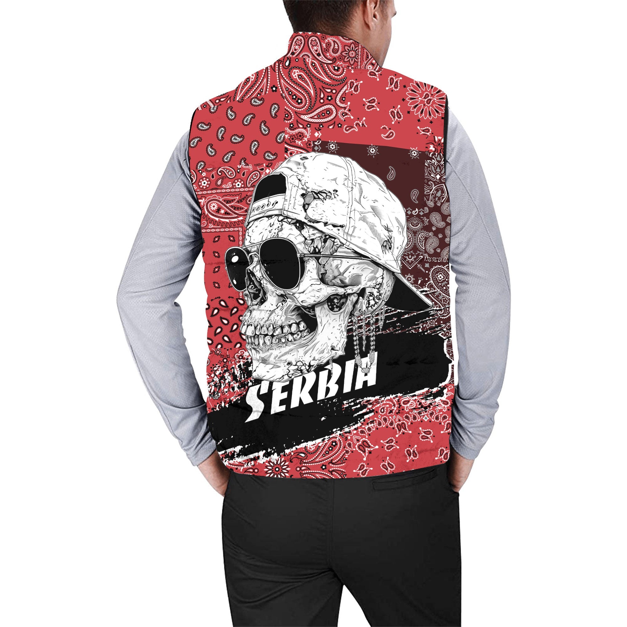 Serbia Men Padded Jacket Vest Paisley Flag And Skull Style 2