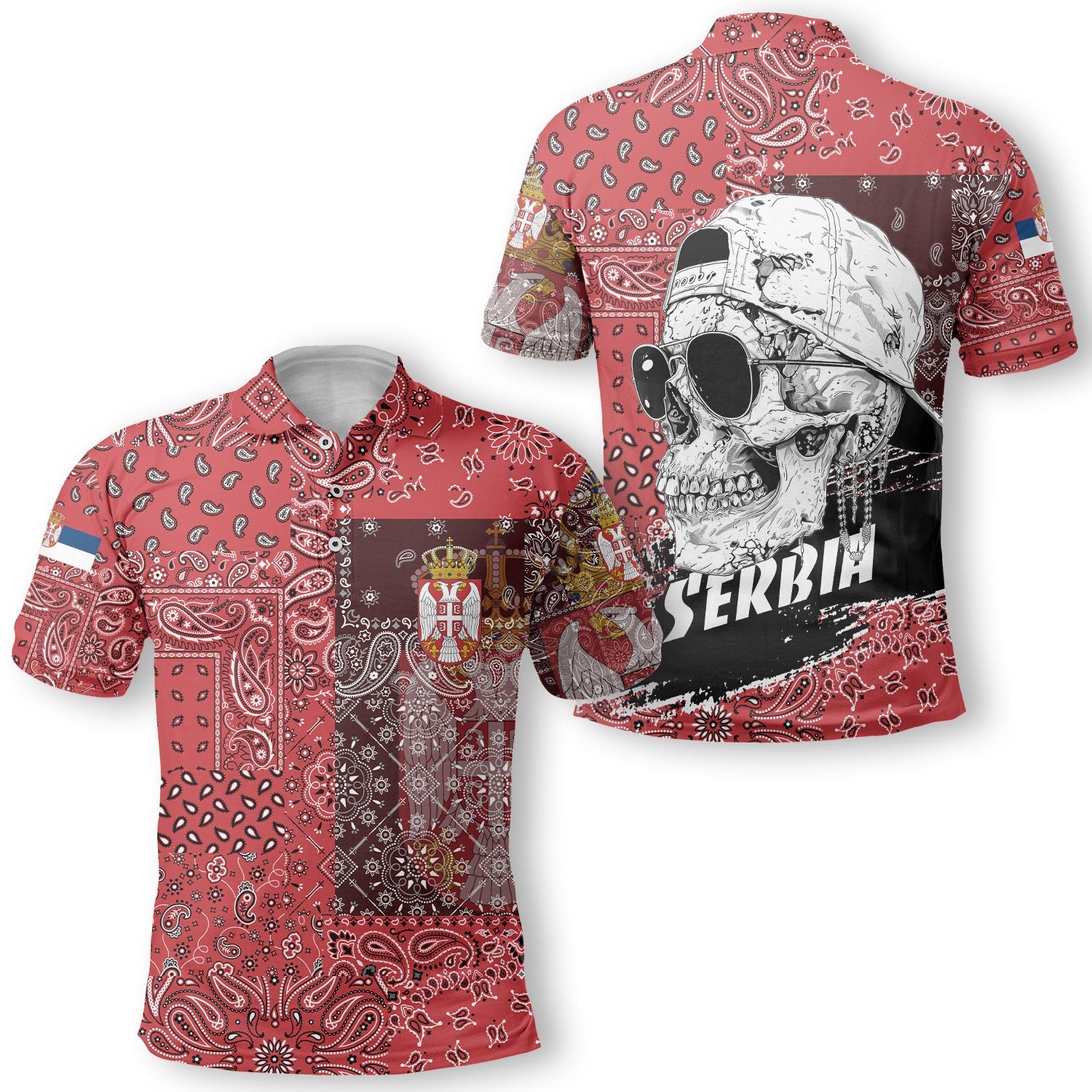 Serbia Polo Shirt Paisley Flag And Skull Style 1