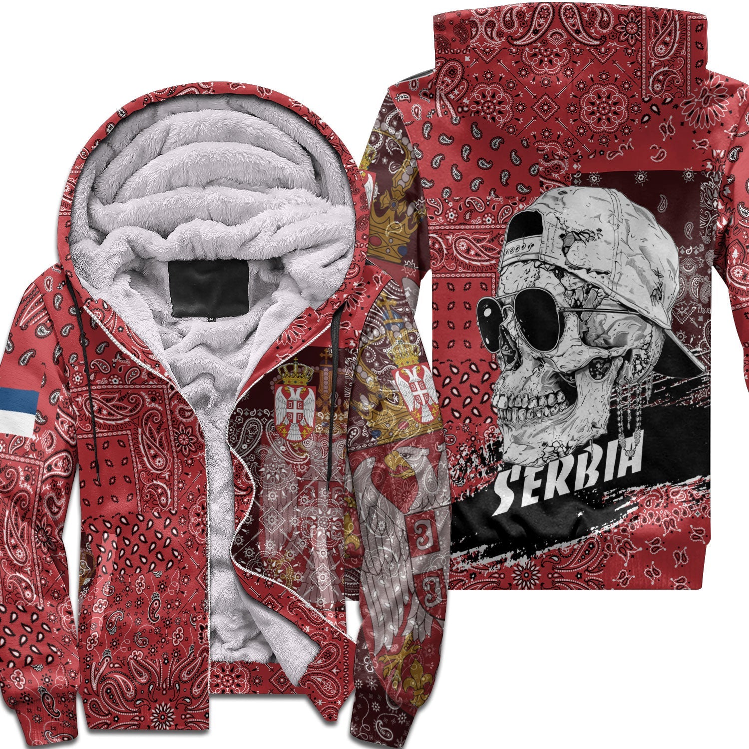 Serbia Sherpa Hoodie Paisley Flag And Skull Style 1