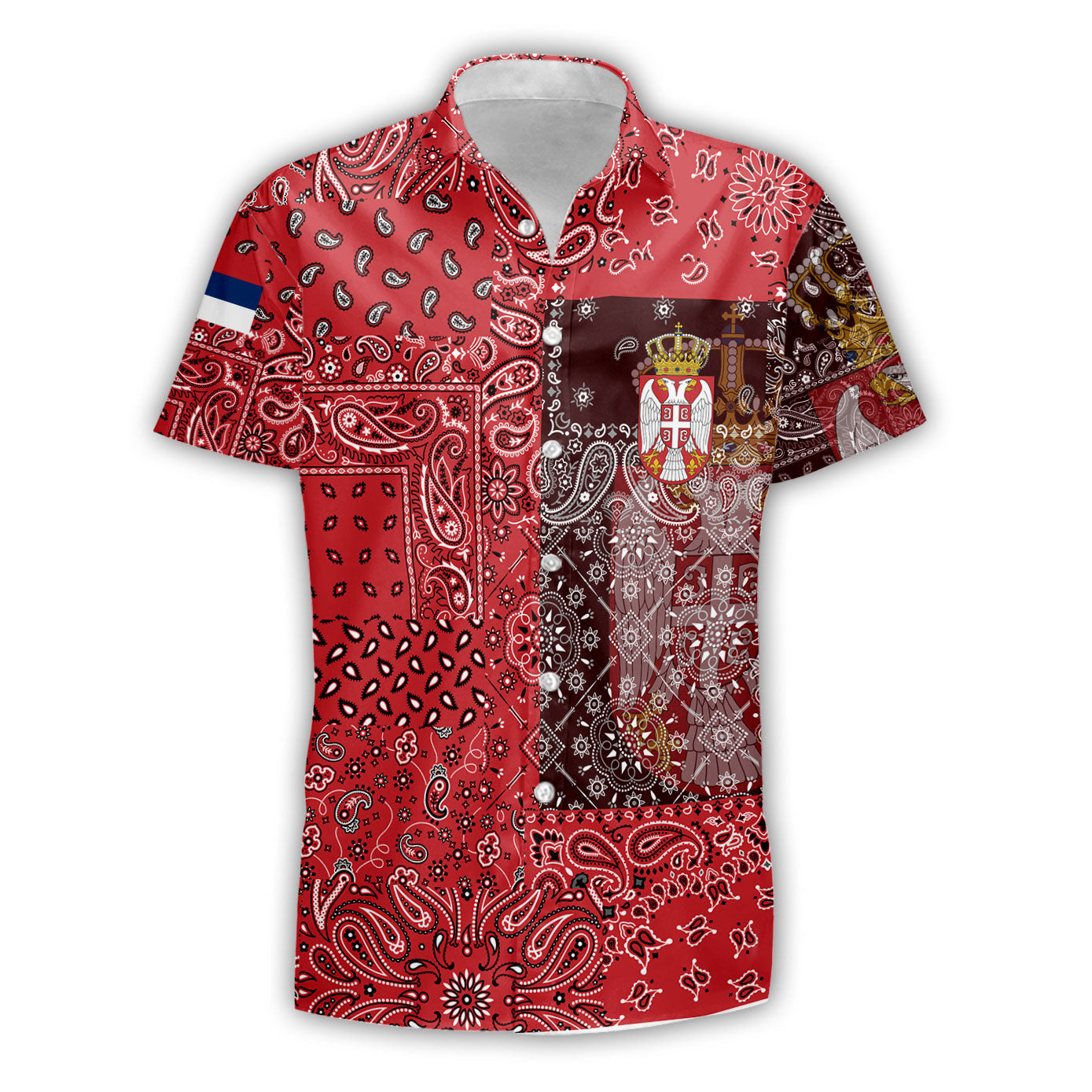 Serbia Short Sleeve Shirt Paisley Flag And Skull Style 1