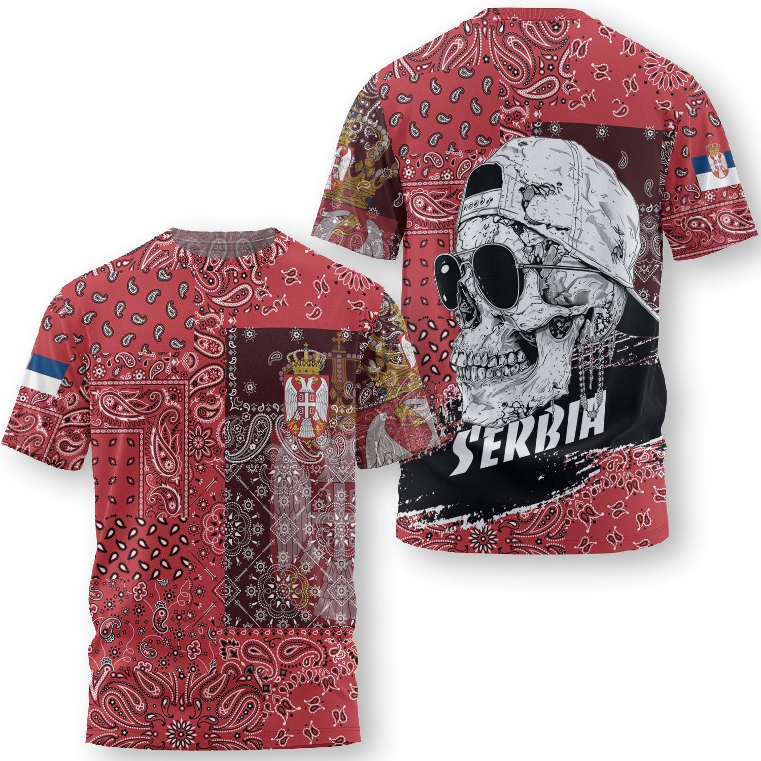 Serbia T Shirt Paisley Flag And Skull Style 3