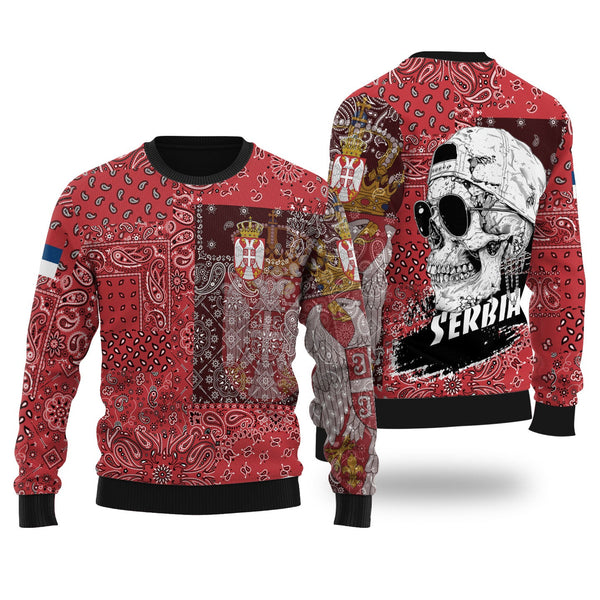 Serbia Ugly Sweater Paisley Flag And Skull Style 1