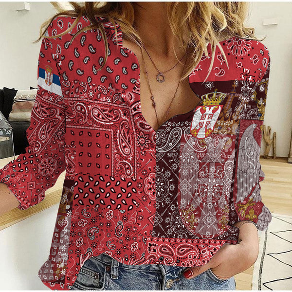 Serbia Women Casual Shirt Paisley Flag And Skull Style 1