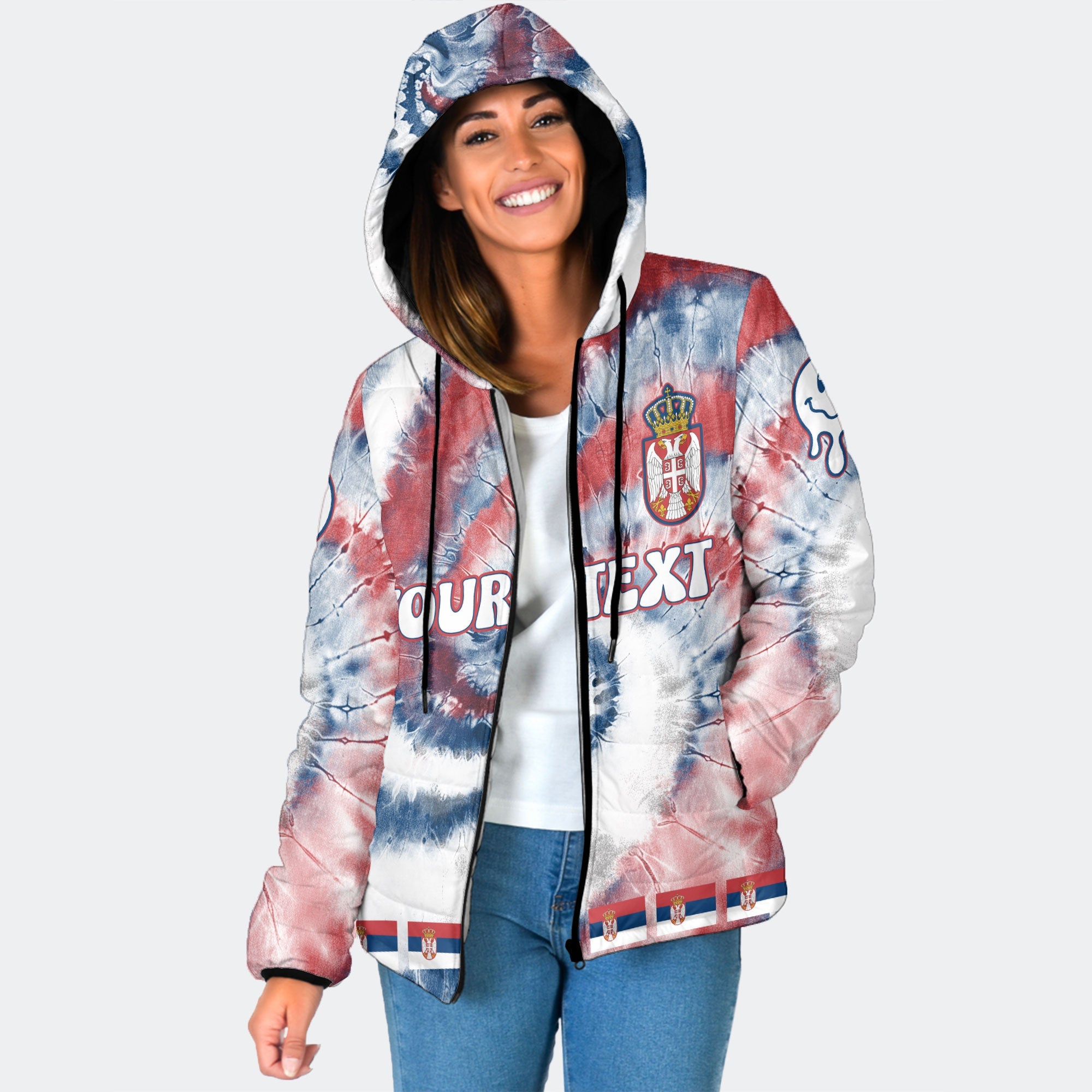 Serbia Women Hooded Padded Jacket Custom Tie Dye Style 1