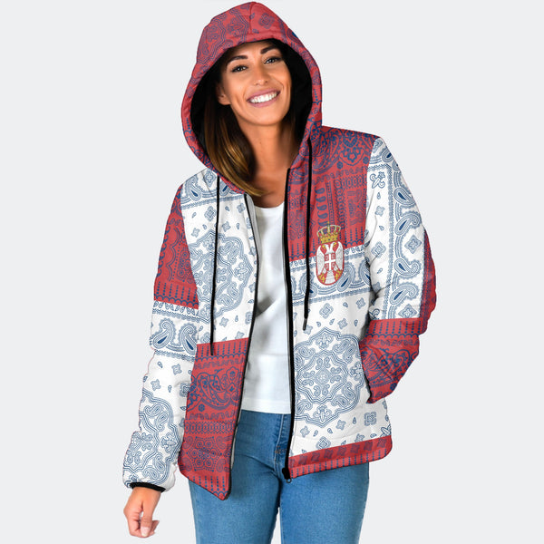 Serbia Women Hooded Padded Jacket Flag And Paisley Basic Style 1