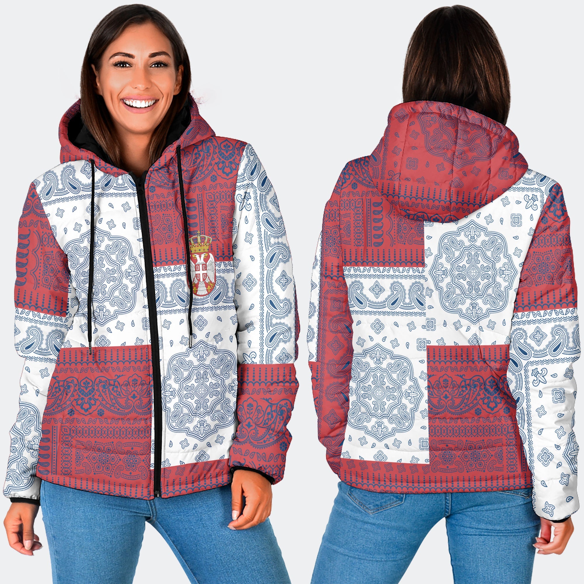 Serbia Women Hooded Padded Jacket Flag And Paisley Basic Style 3