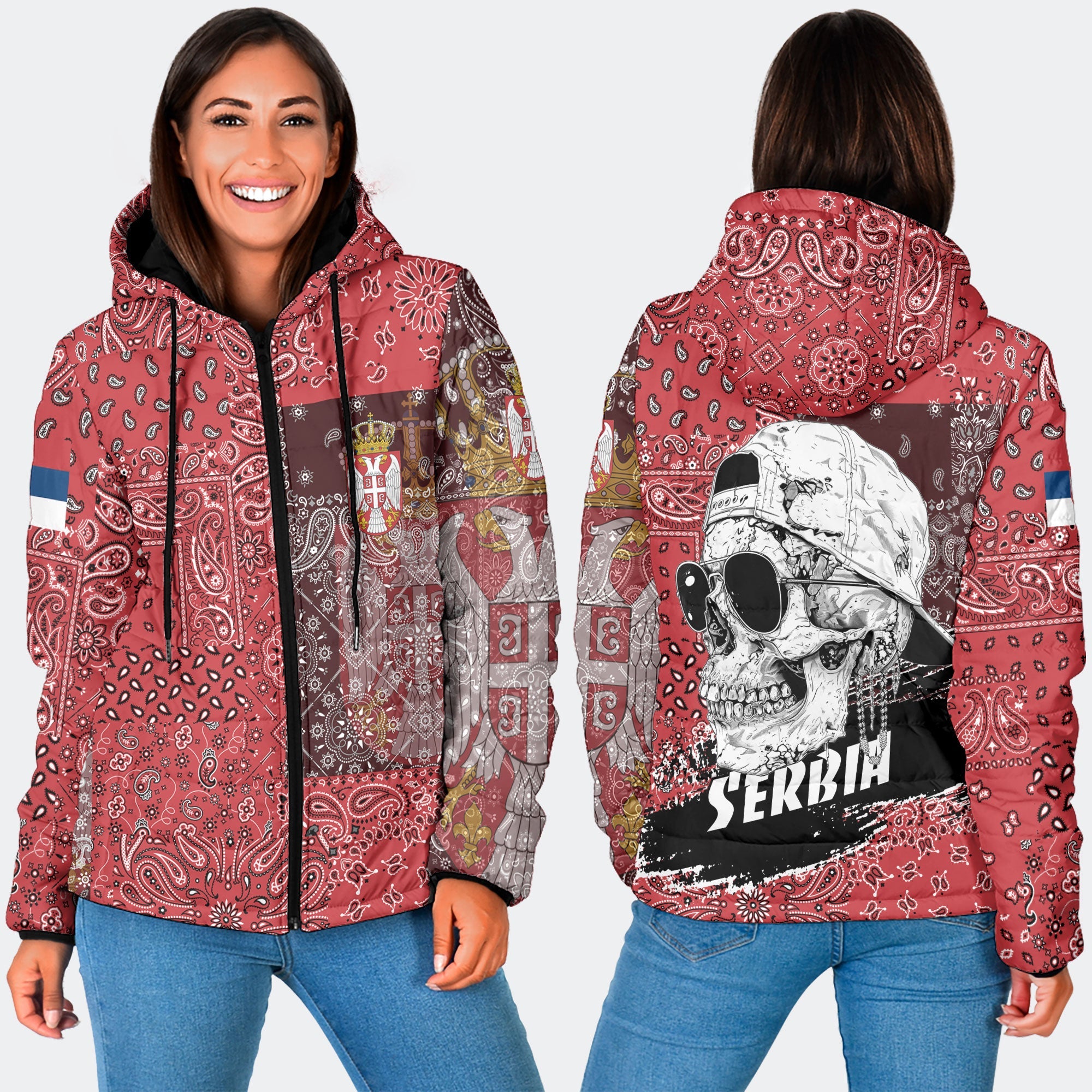 Serbia Women Hooded Padded Jacket Paisley Flag And Skull Style 3