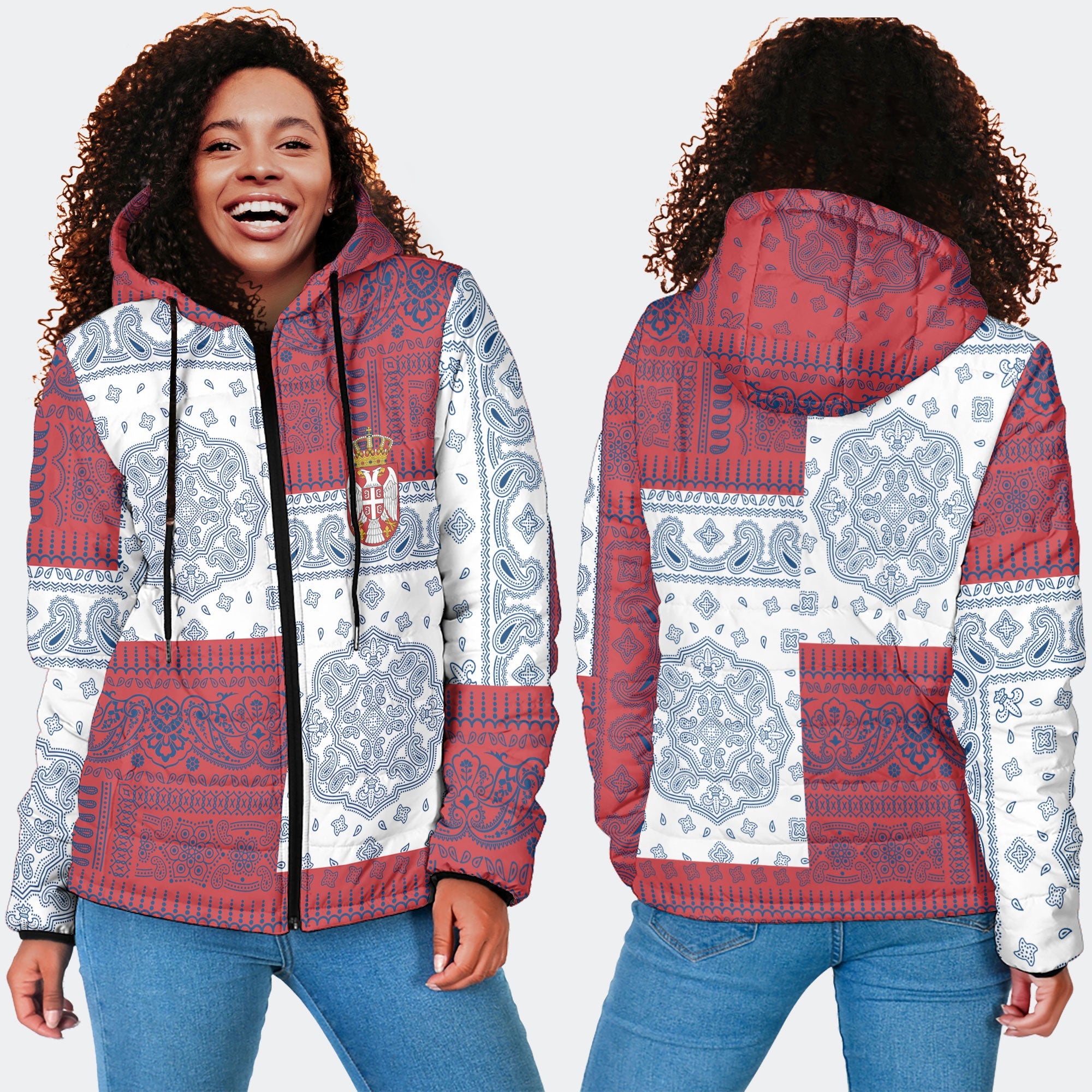 Serbia Women Hooded Padded Jacket Flag And Paisley Basic Style 4