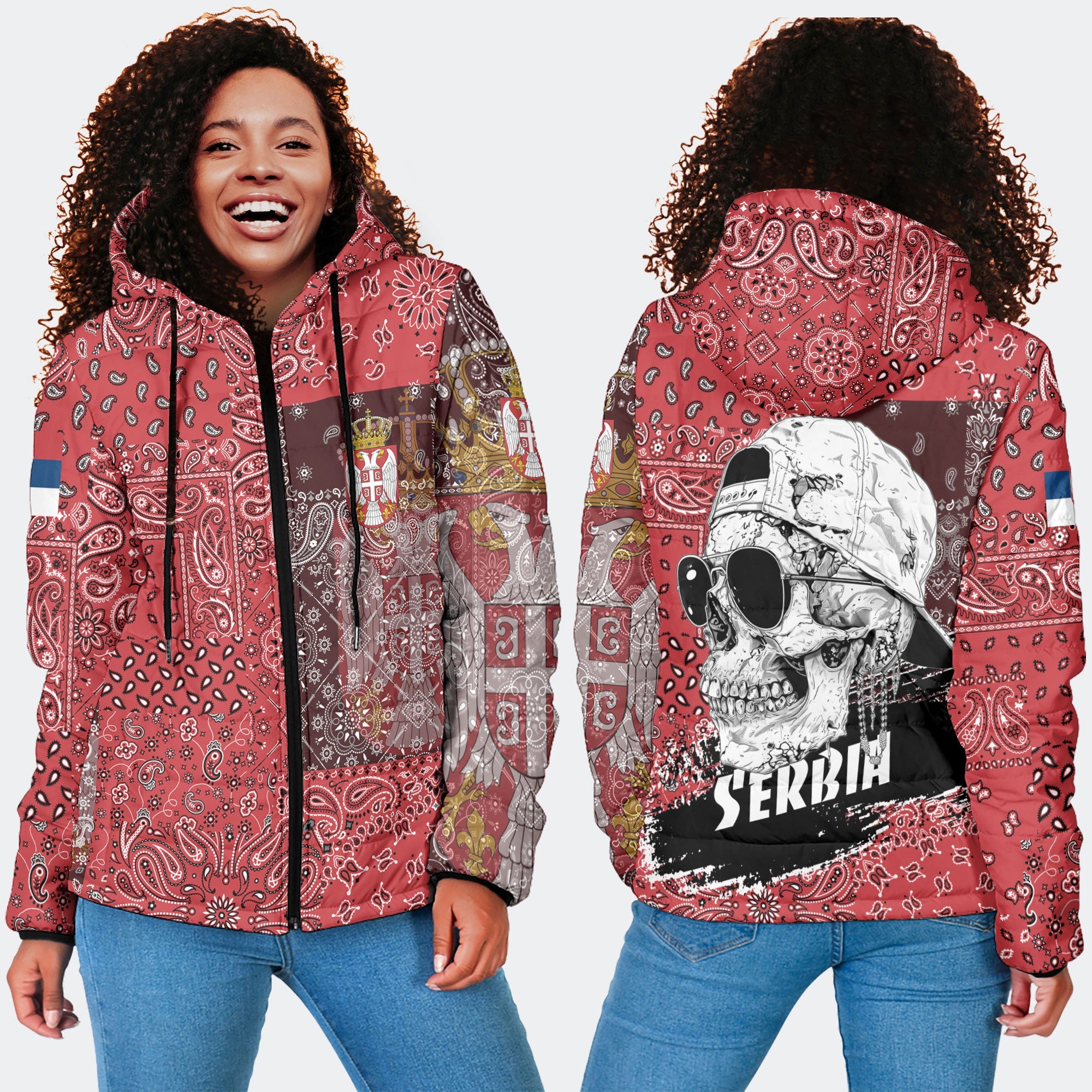 Serbia Women Hooded Padded Jacket Paisley Flag And Skull Style 4