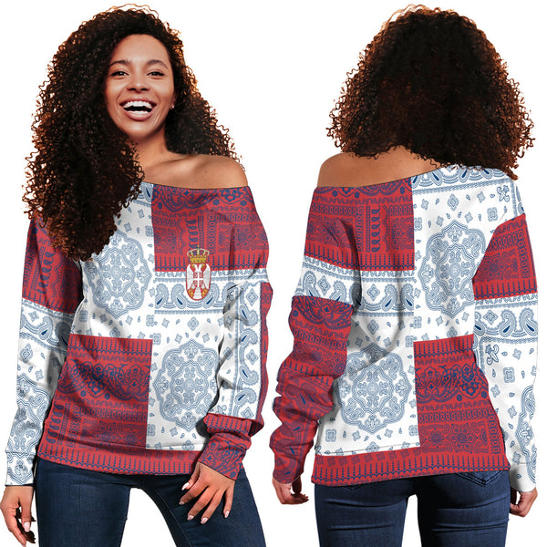 Serbia Women Off Shoulder Sweatshirt Flag And Paisley Basic Style 1