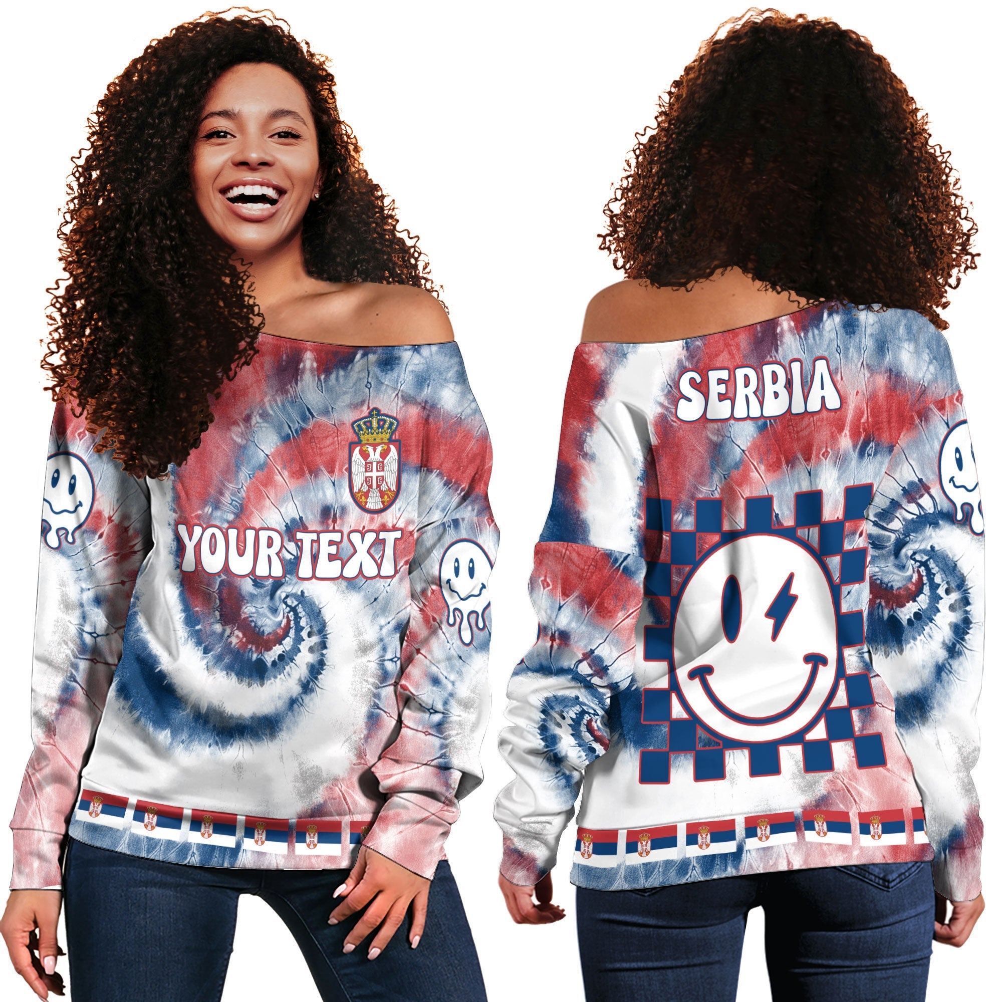 Serbia Women Off Shoulder Sweatshirt Custom Tie Dye Style 2