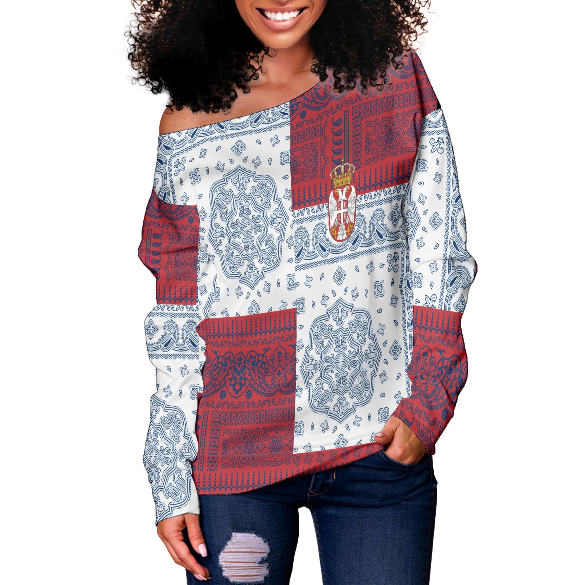 Serbia Women Off Shoulder Sweatshirt Flag And Paisley Basic Style 2